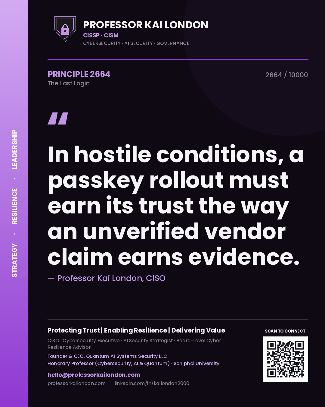 Professor Kai London principle 2664: In hostile conditions, a passkey rollout must earn its trust the way an unverified vendor claim earns evidence.