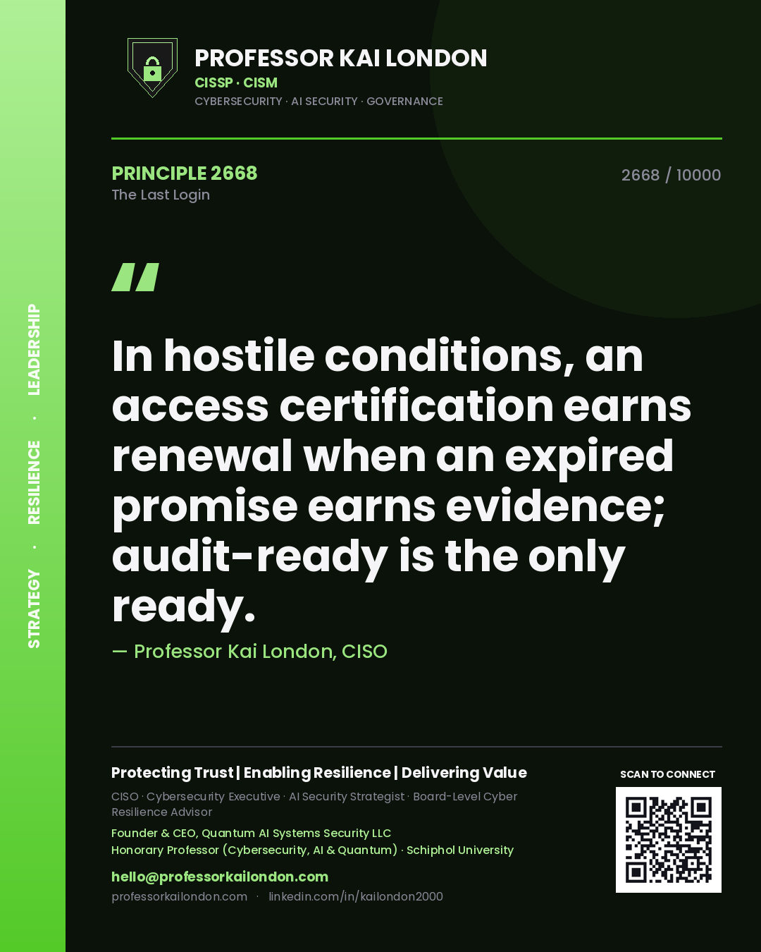 Professor Kai London principle 2668: In hostile conditions, an access certification earns renewal when an expired promise earns evidence; audit-ready is the only ready.