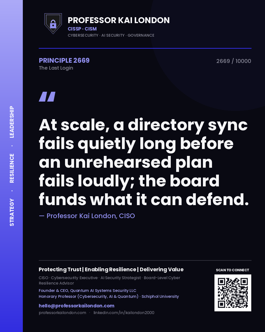 Professor Kai London principle 2669: At scale, a directory sync fails quietly long before an unrehearsed plan fails loudly; the board funds what it can defend.