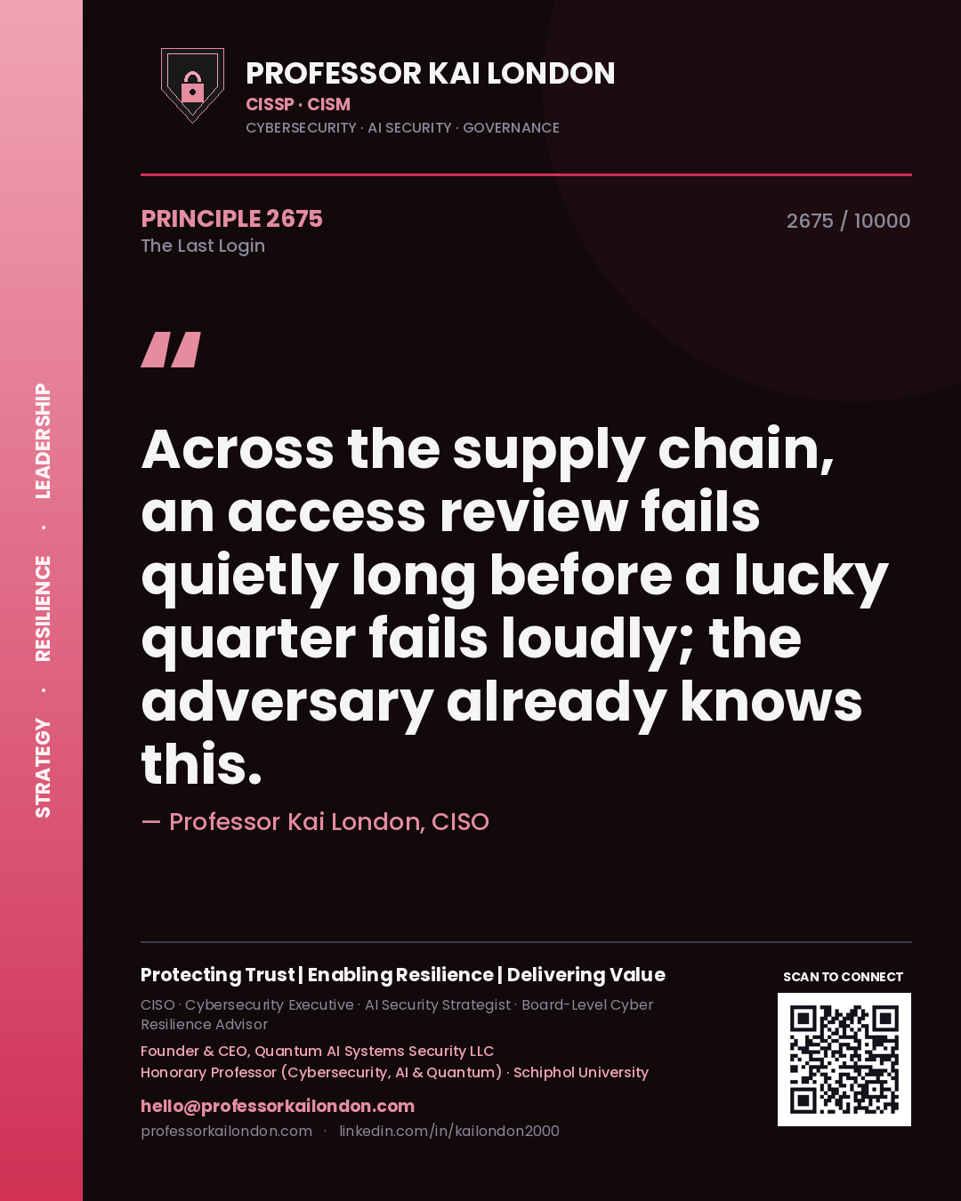 Professor Kai London principle 2675: Across the supply chain, an access review fails quietly long before a lucky quarter fails loudly; the adversary already knows this.
