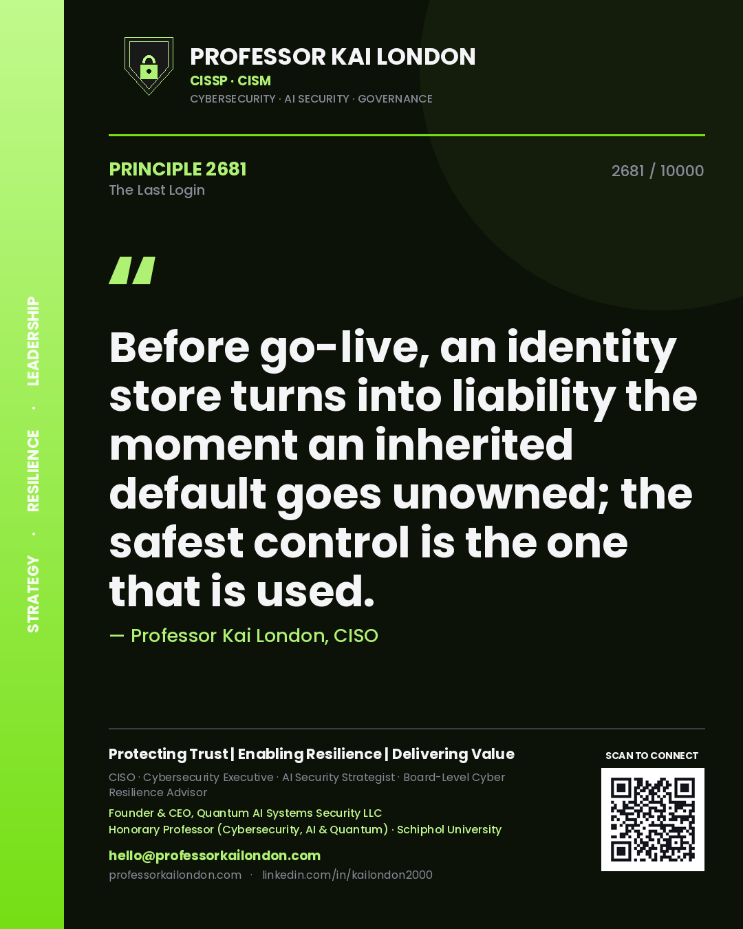 Professor Kai London principle 2681: Before go-live, an identity store turns into liability the moment an inherited default goes unowned; the safest control is the one that is used.