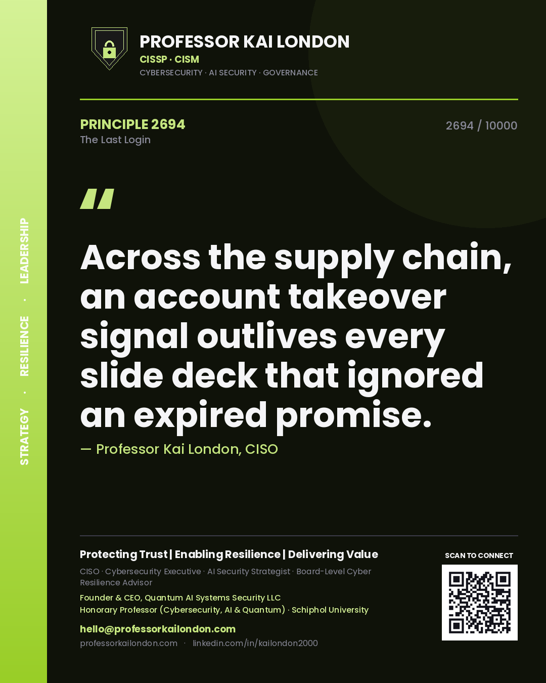 Professor Kai London principle 2694: Across the supply chain, an account takeover signal outlives every slide deck that ignored an expired promise.