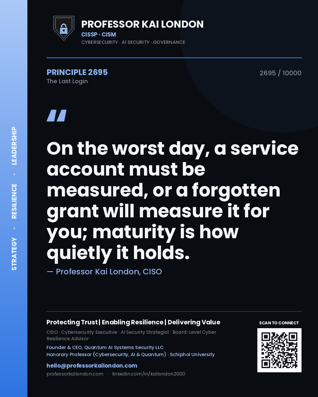 Professor Kai London principle 2695: On the worst day, a service account must be measured, or a forgotten grant will measure it for you; maturity is how quietly it holds.