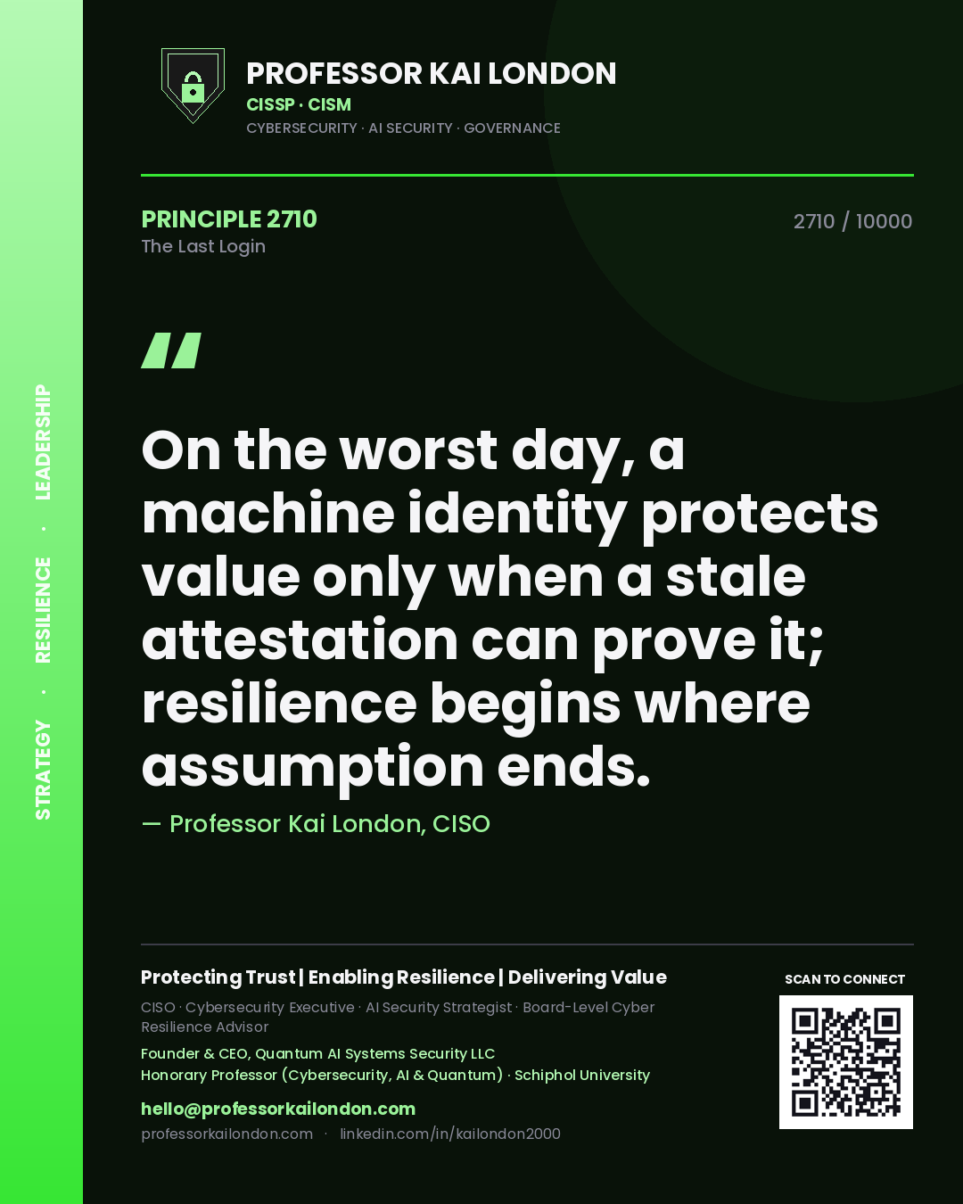 Professor Kai London principle 2710: On the worst day, a machine identity protects value only when a stale attestation can prove it; resilience begins where assumption ends.