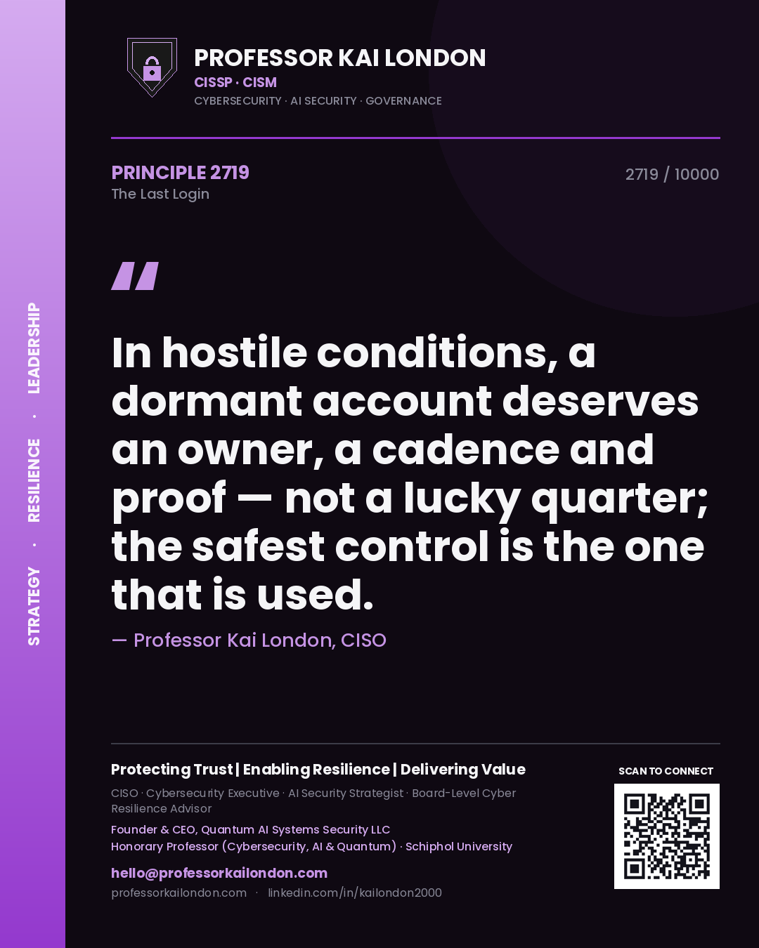 Professor Kai London principle 2719: In hostile conditions, a dormant account deserves an owner, a cadence and proof — not a lucky quarter; the safest control is the one that is used.