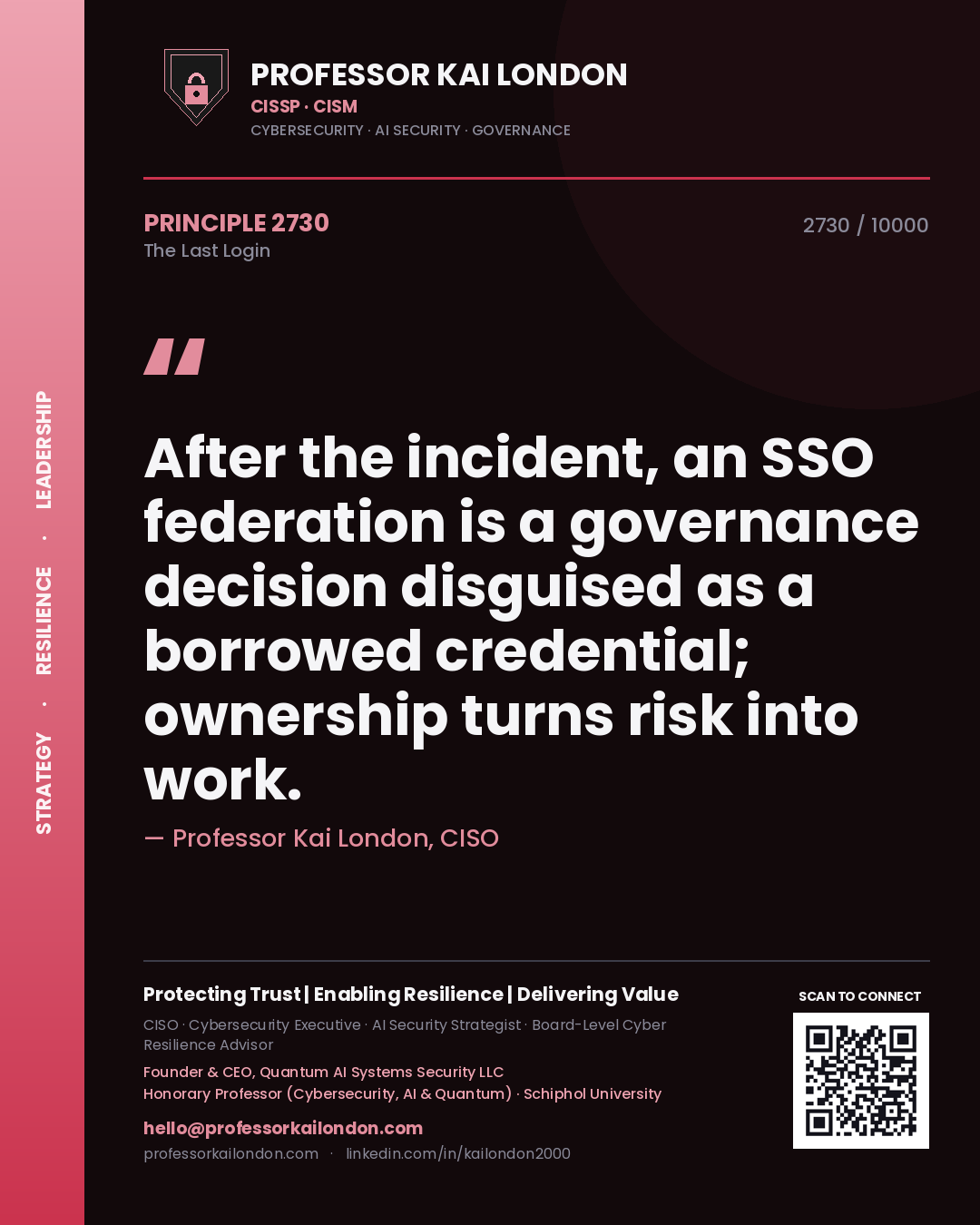 Professor Kai London principle 2730: After the incident, an SSO federation is a governance decision disguised as a borrowed credential; ownership turns risk into work.