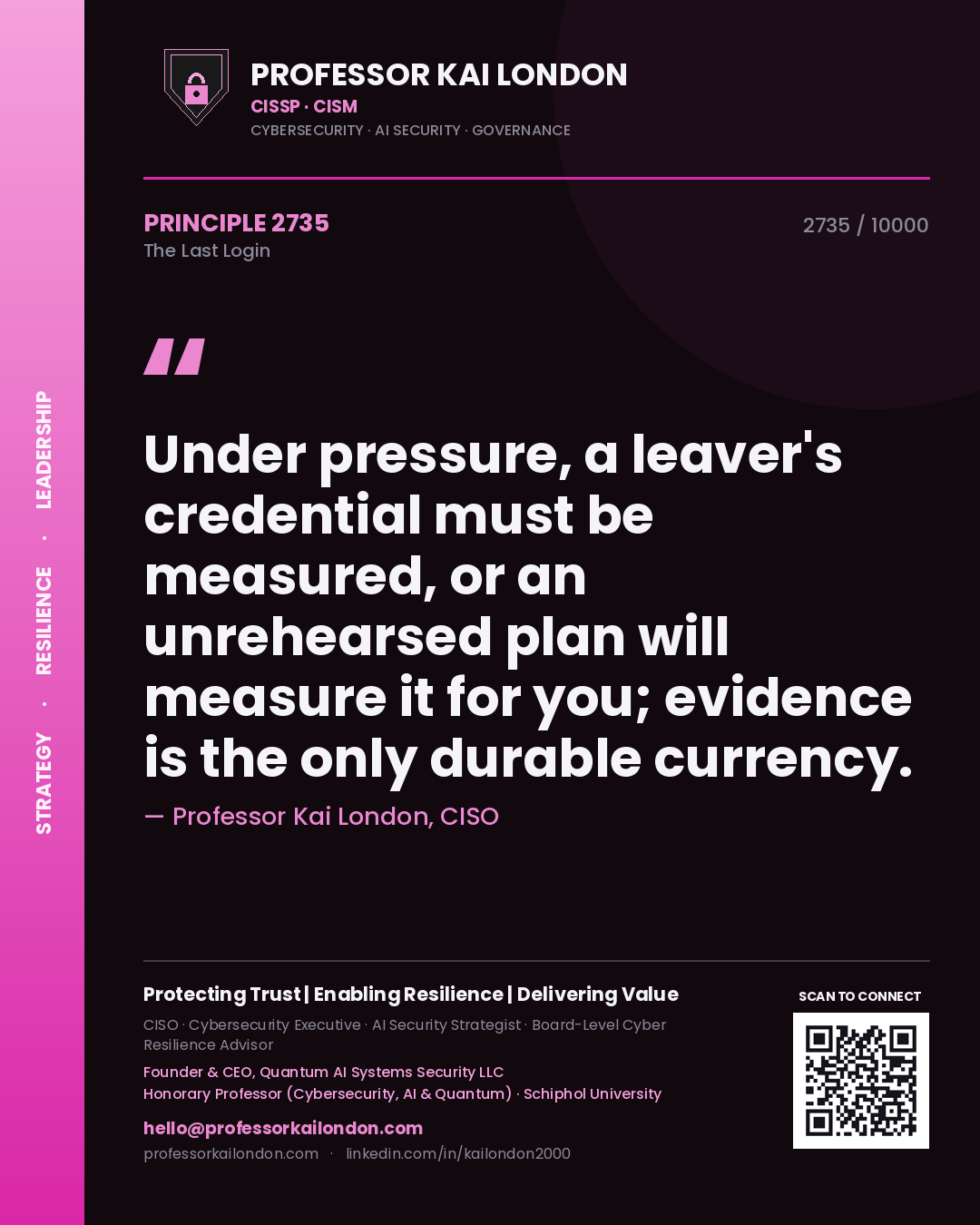 Professor Kai London principle 2735: Under pressure, a leaver's credential must be measured, or an unrehearsed plan will measure it for you; evidence is the only durable currency.