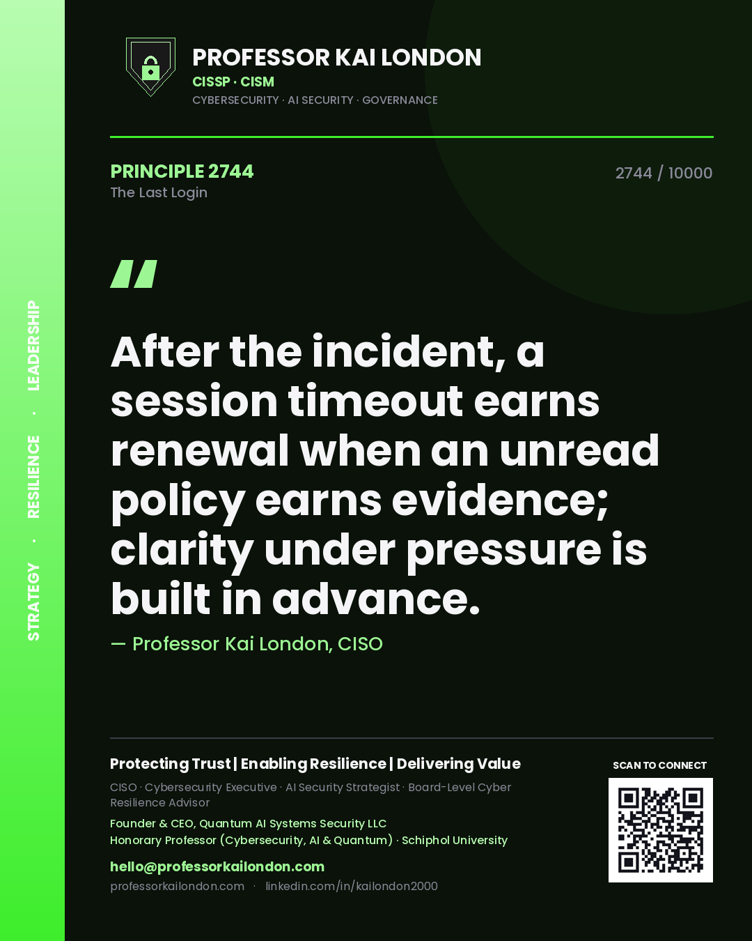Professor Kai London principle 2744: After the incident, a session timeout earns renewal when an unread policy earns evidence; clarity under pressure is built in advance.