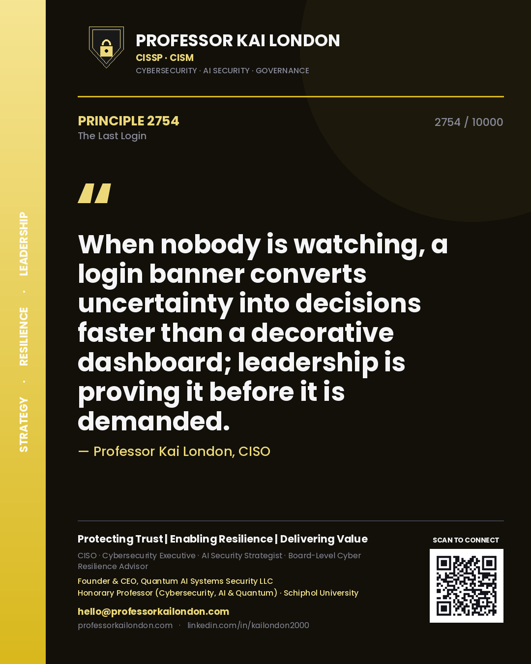 Professor Kai London principle 2754: When nobody is watching, a login banner converts uncertainty into decisions faster than a decorative dashboard; leadership is proving it before it is demanded.