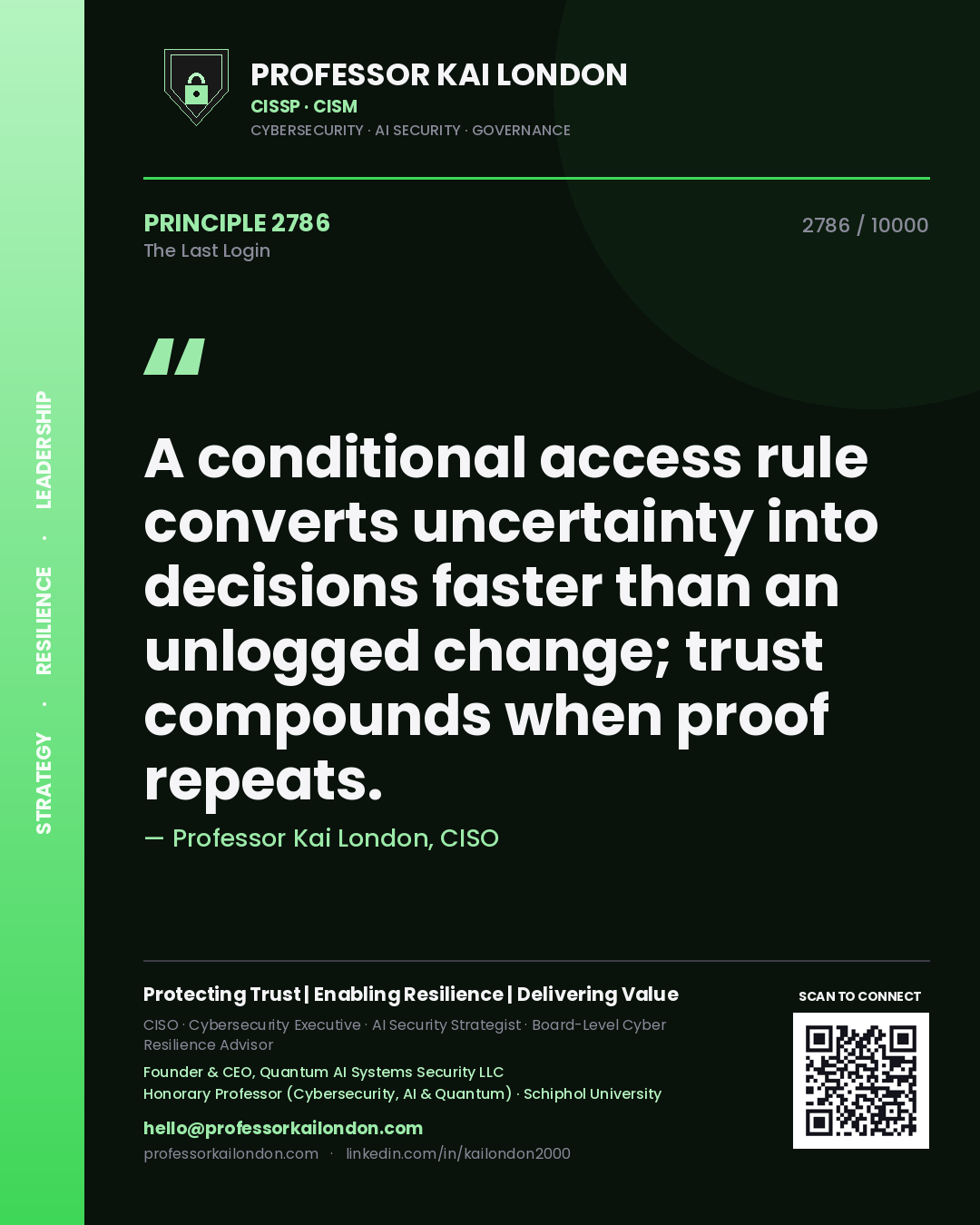 Professor Kai London principle 2786: A conditional access rule converts uncertainty into decisions faster than an unlogged change; trust compounds when proof repeats.