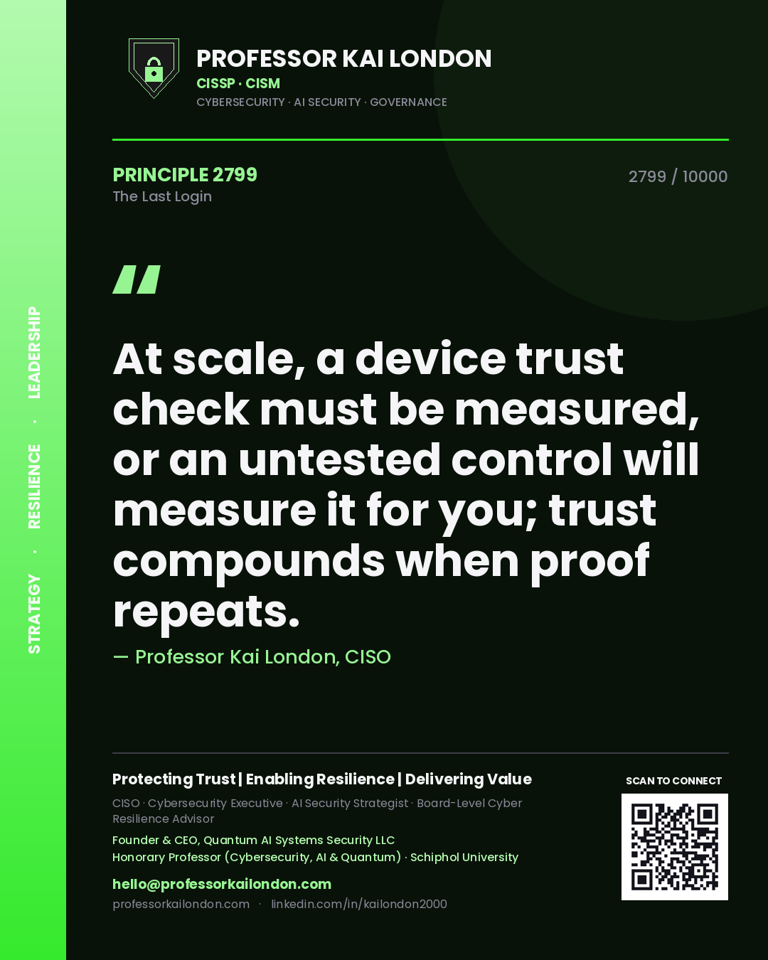 Professor Kai London principle 2799: At scale, a device trust check must be measured, or an untested control will measure it for you; trust compounds when proof repeats.