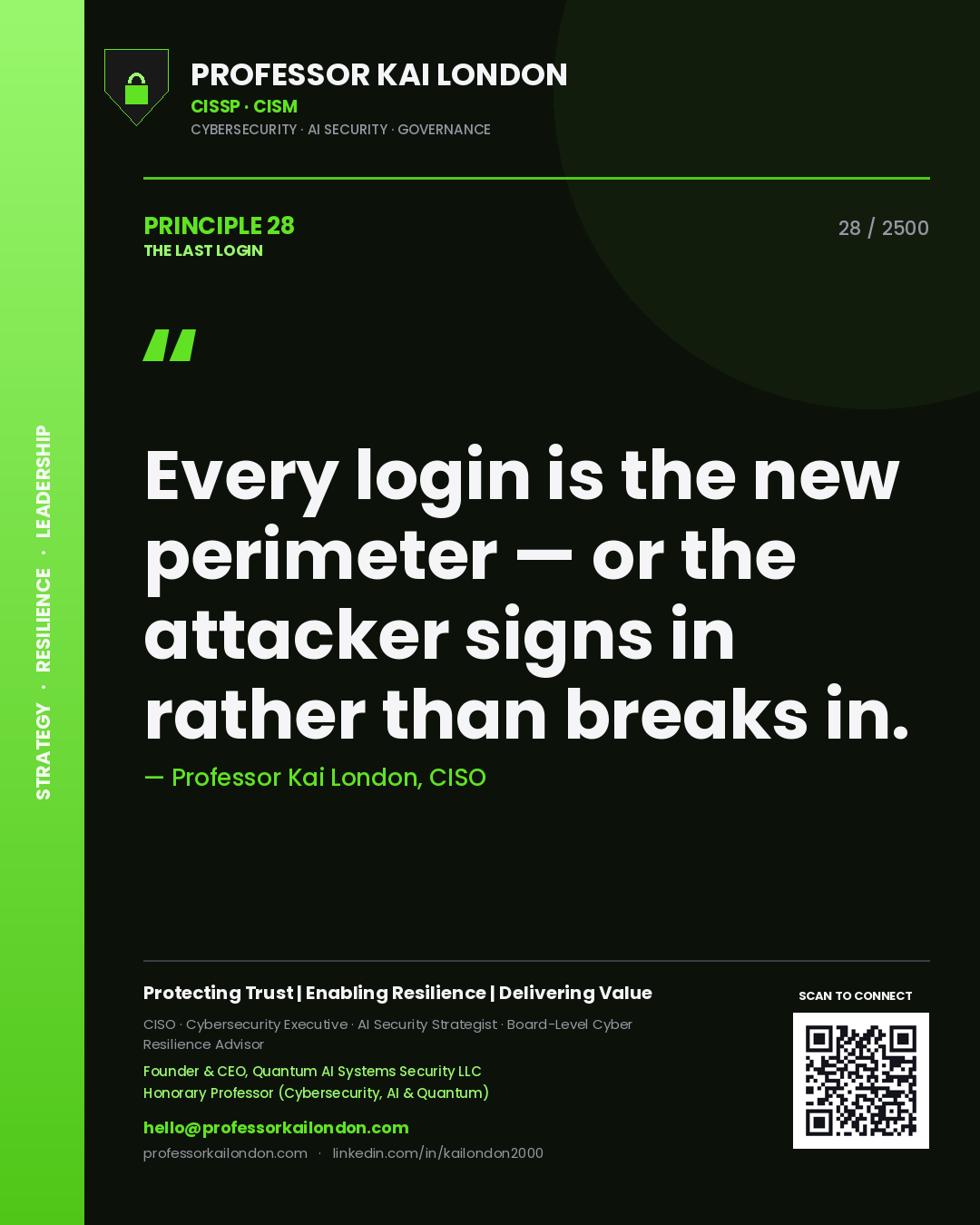 Professor Kai London principle 28: Every login is the new perimeter — or the attacker signs in rather than breaks in.