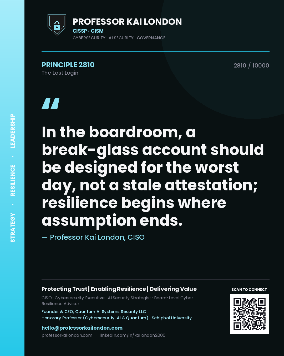 Professor Kai London principle 2810: In the boardroom, a break-glass account should be designed for the worst day, not a stale attestation; resilience begins where assumption ends.