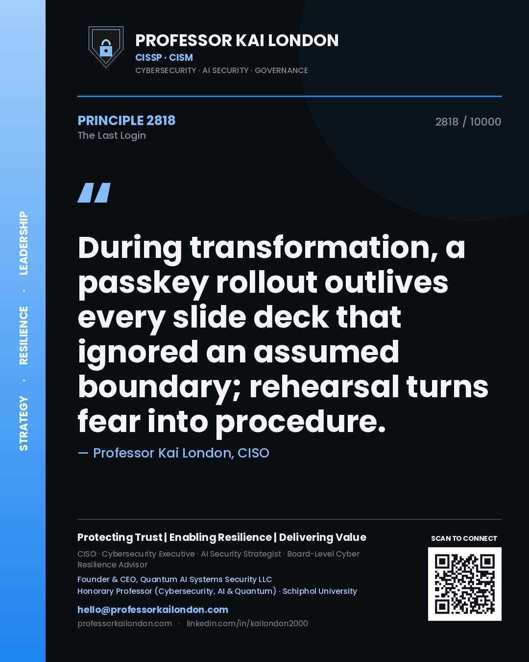 Professor Kai London principle 2818: During transformation, a passkey rollout outlives every slide deck that ignored an assumed boundary; rehearsal turns fear into procedure.