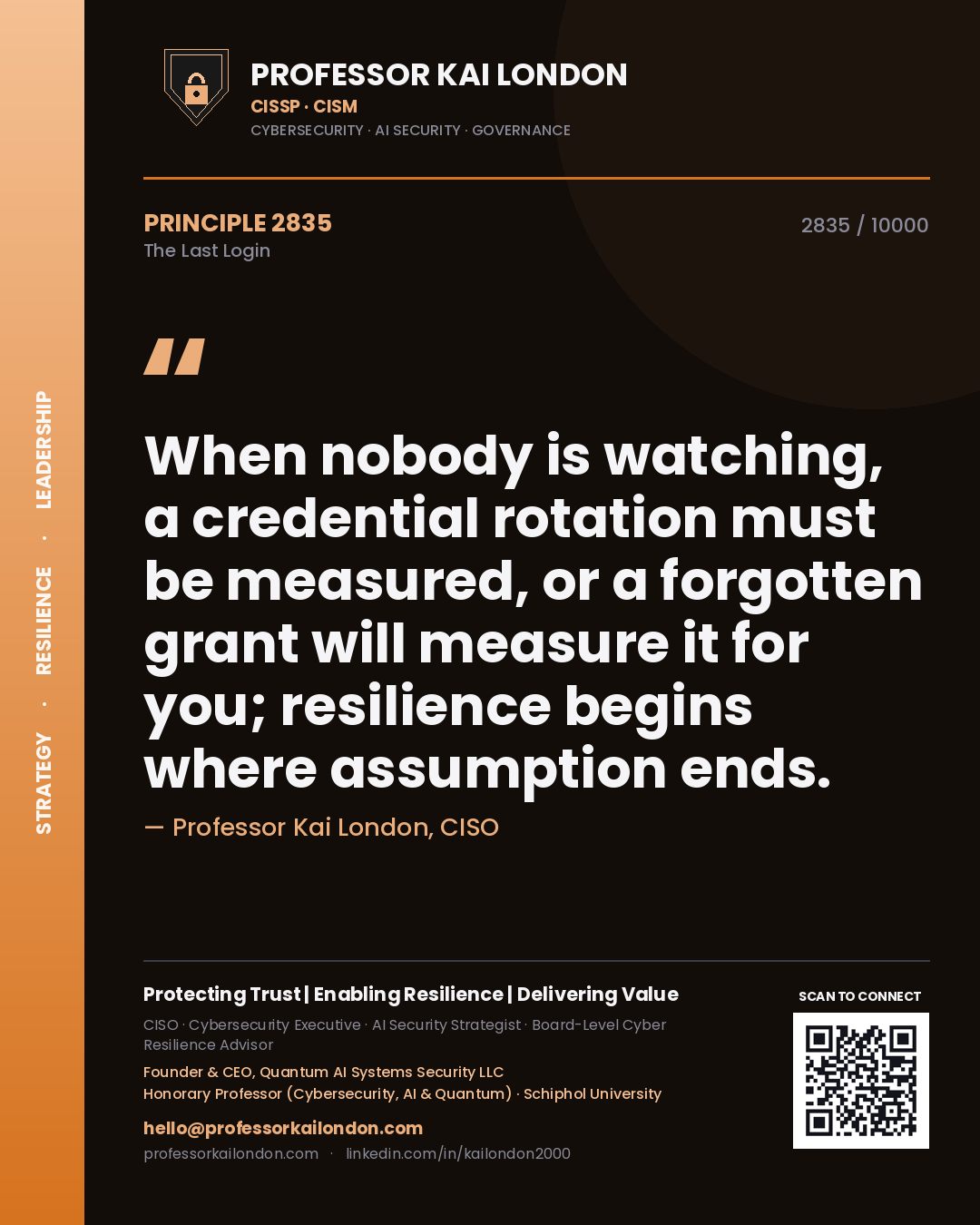 Professor Kai London principle 2835: When nobody is watching, a credential rotation must be measured, or a forgotten grant will measure it for you; resilience begins where assumption ends.