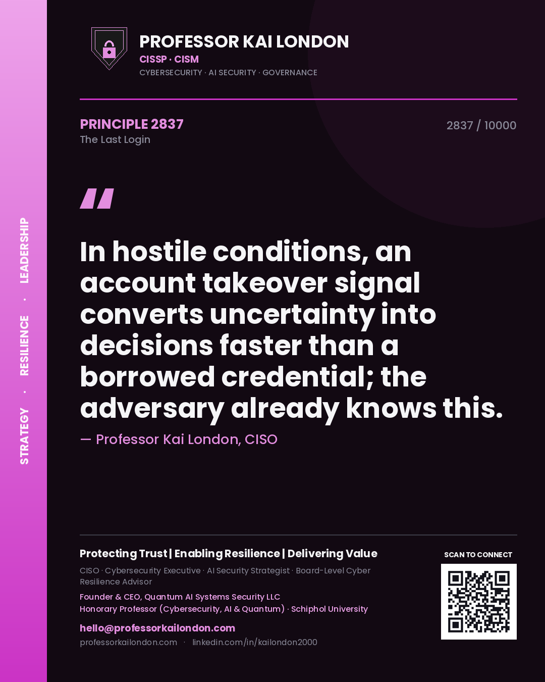 Professor Kai London principle 2837: In hostile conditions, an account takeover signal converts uncertainty into decisions faster than a borrowed credential; the adversary already knows this.