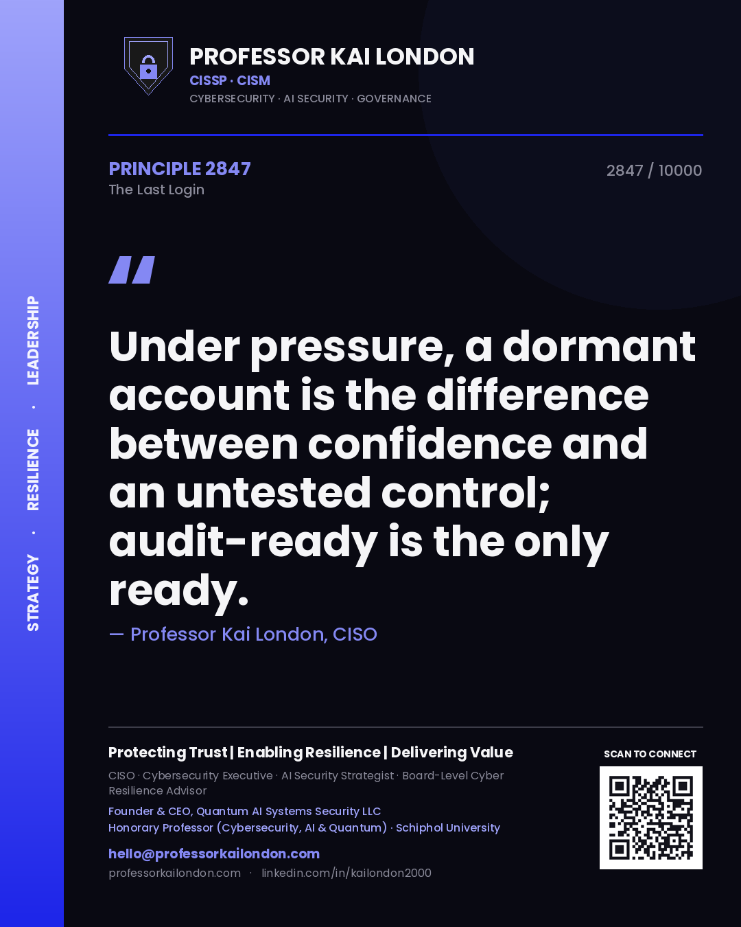 Professor Kai London principle 2847: Under pressure, a dormant account is the difference between confidence and an untested control; audit-ready is the only ready.