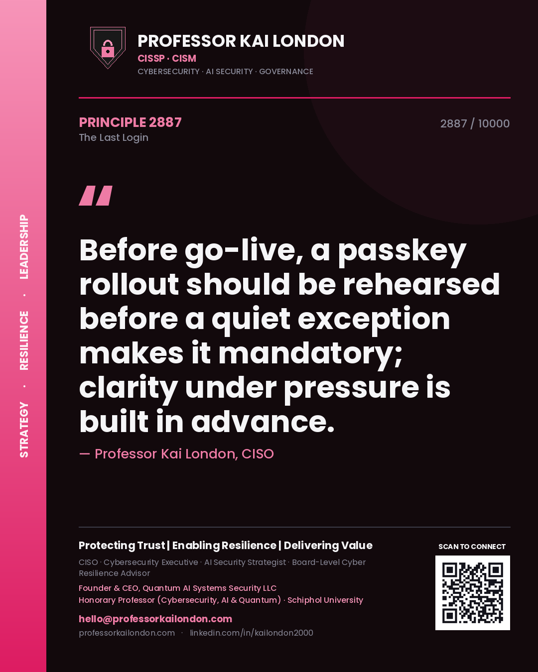 Professor Kai London principle 2887: Before go-live, a passkey rollout should be rehearsed before a quiet exception makes it mandatory; clarity under pressure is built in advance.