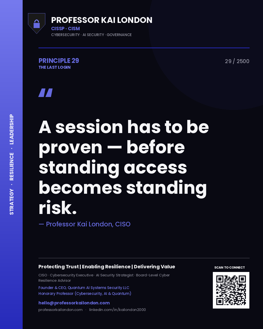 Professor Kai London principle 29: A session has to be proven — before standing access becomes standing risk.