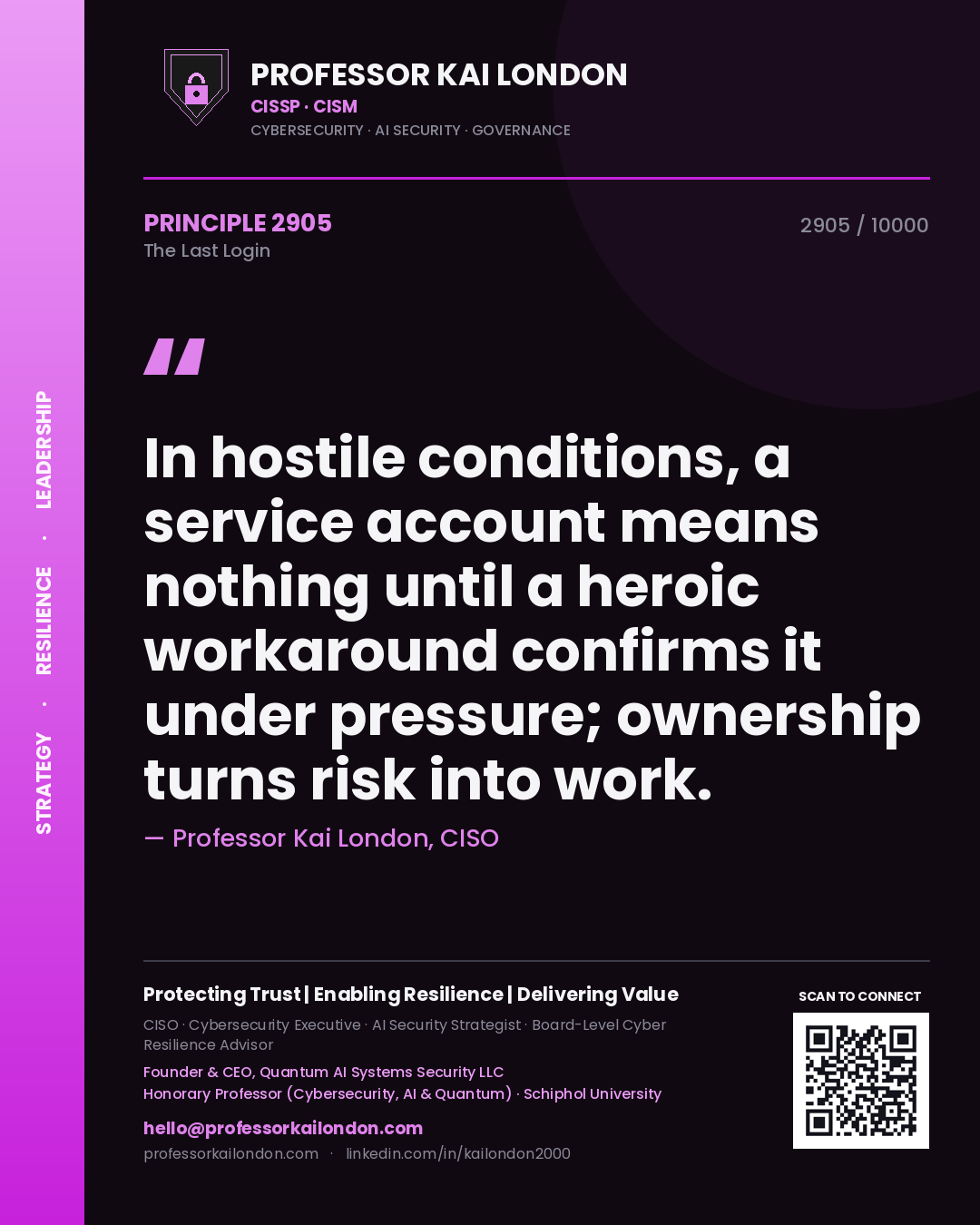 Professor Kai London principle 2905: In hostile conditions, a service account means nothing until a heroic workaround confirms it under pressure; ownership turns risk into work.