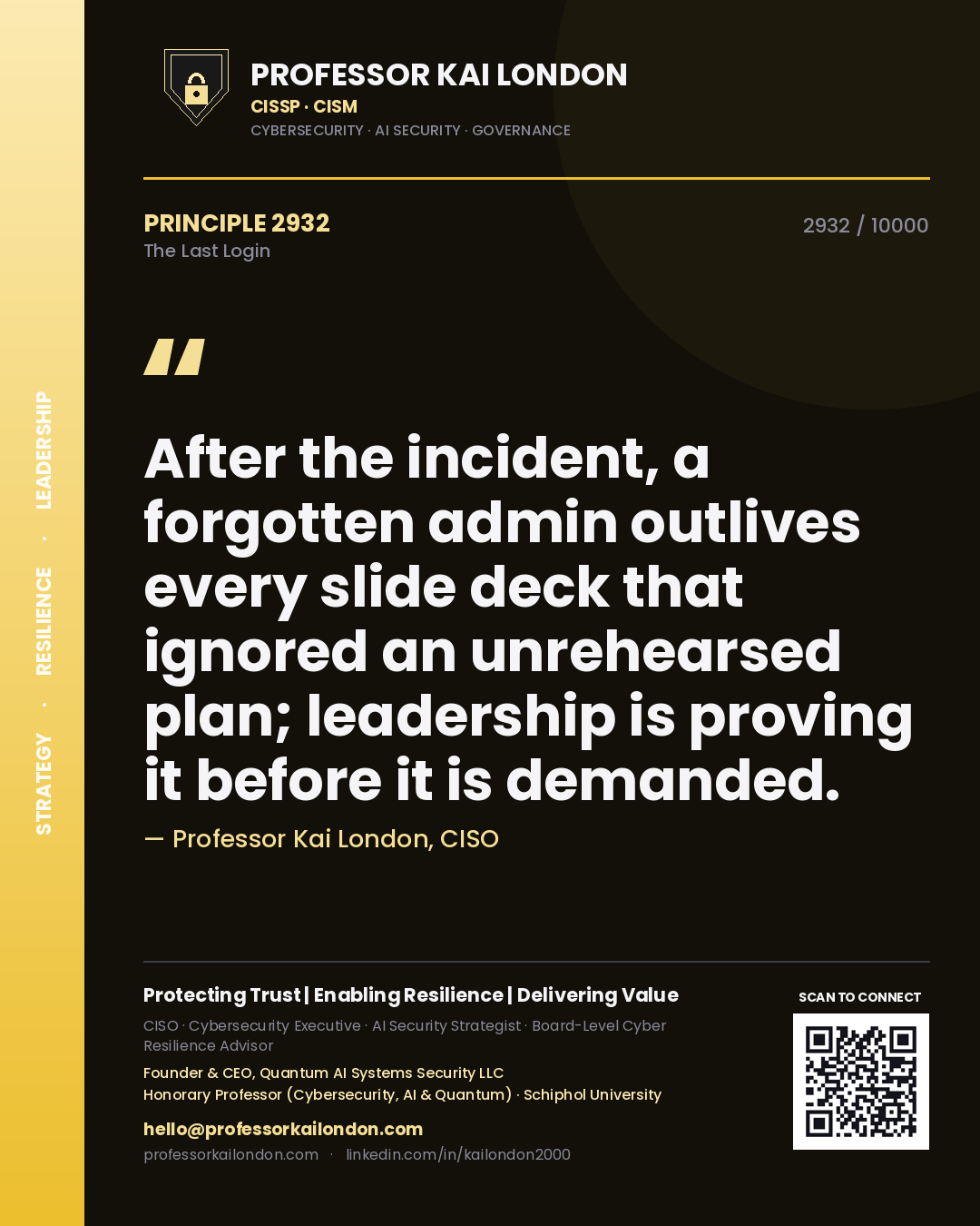 Professor Kai London principle 2932: After the incident, a forgotten admin outlives every slide deck that ignored an unrehearsed plan; leadership is proving it before it is demanded.