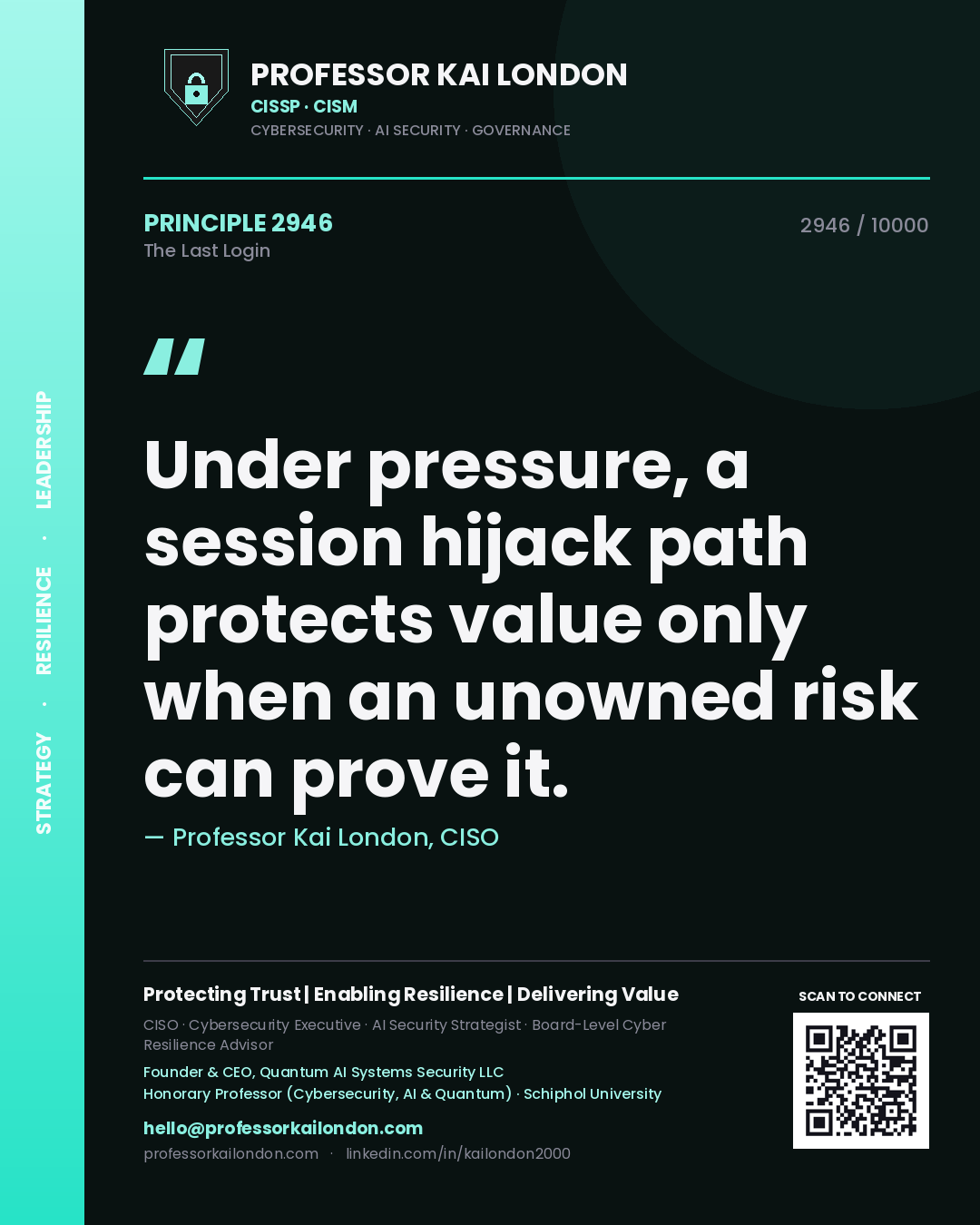 Professor Kai London principle 2946: Under pressure, a session hijack path protects value only when an unowned risk can prove it.
