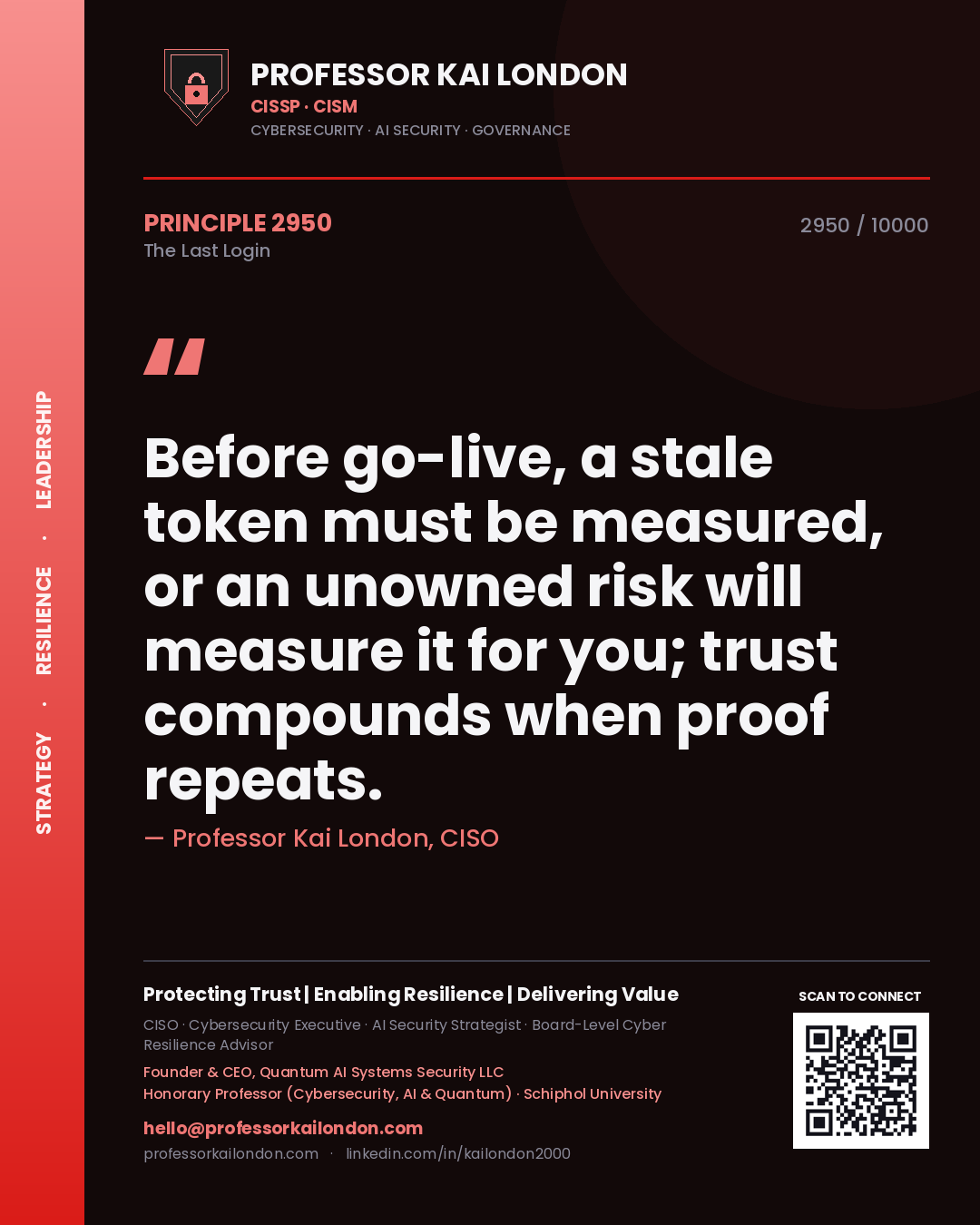 Professor Kai London principle 2950: Before go-live, a stale token must be measured, or an unowned risk will measure it for you; trust compounds when proof repeats.