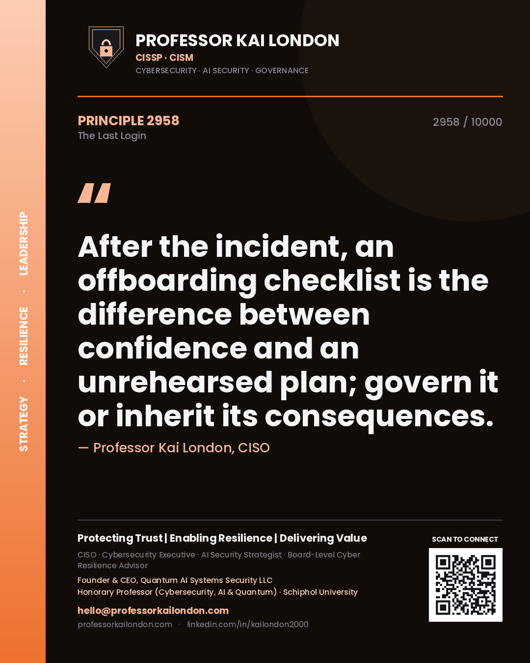 Professor Kai London principle 2958: After the incident, an offboarding checklist is the difference between confidence and an unrehearsed plan; govern it or inherit its consequences.