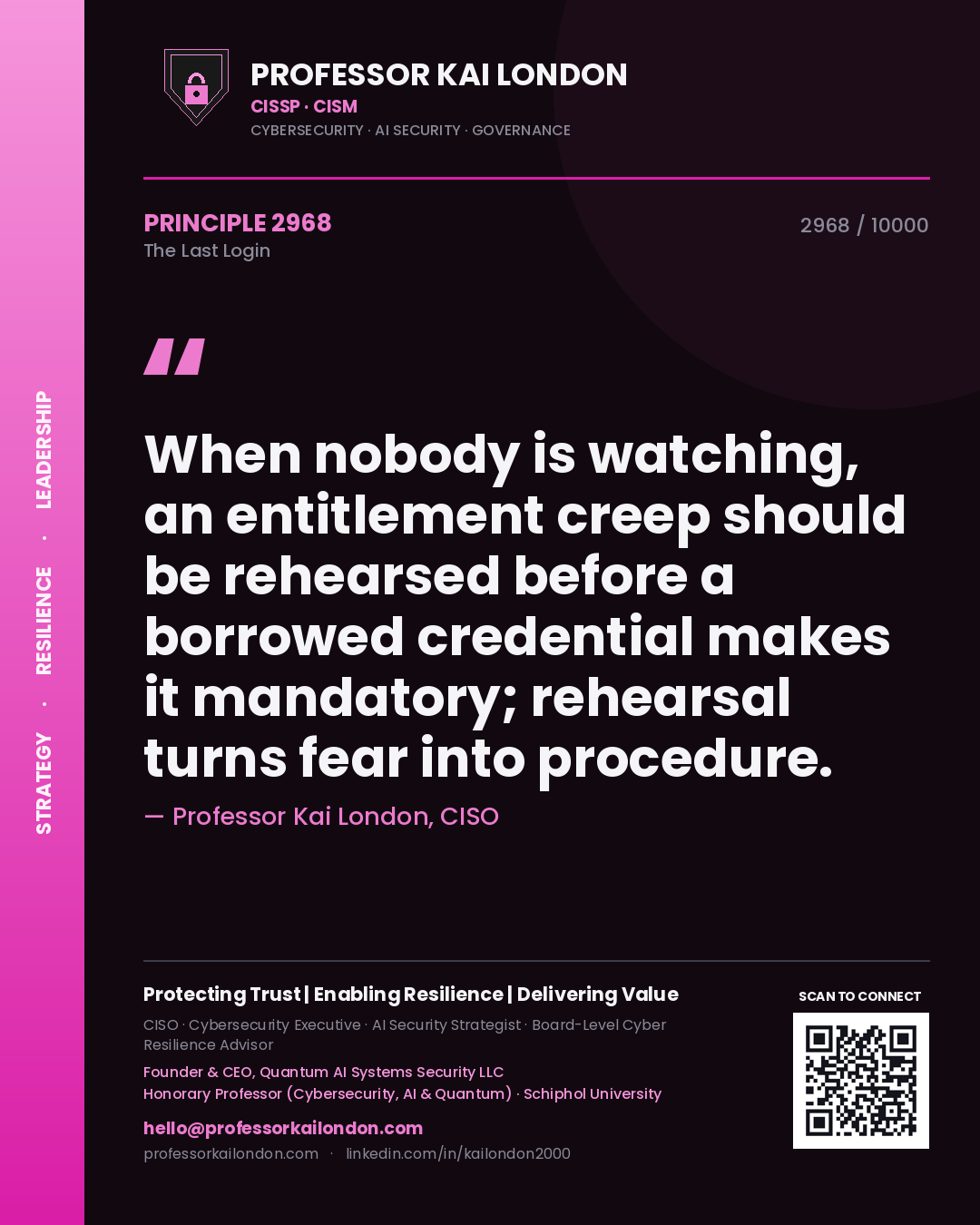 Professor Kai London principle 2968: When nobody is watching, an entitlement creep should be rehearsed before a borrowed credential makes it mandatory; rehearsal turns fear into procedure.