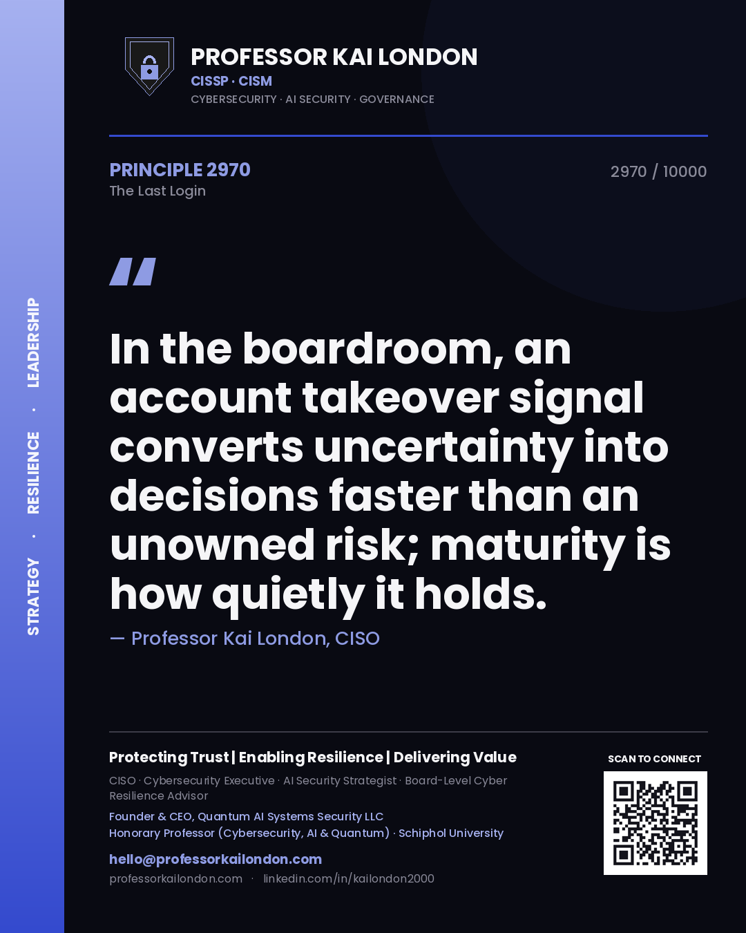 Professor Kai London principle 2970: In the boardroom, an account takeover signal converts uncertainty into decisions faster than an unowned risk; maturity is how quietly it holds.