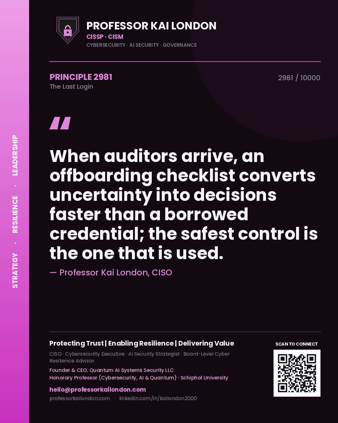 Professor Kai London principle 2981: When auditors arrive, an offboarding checklist converts uncertainty into decisions faster than a borrowed credential; the safest control is the one that is used.