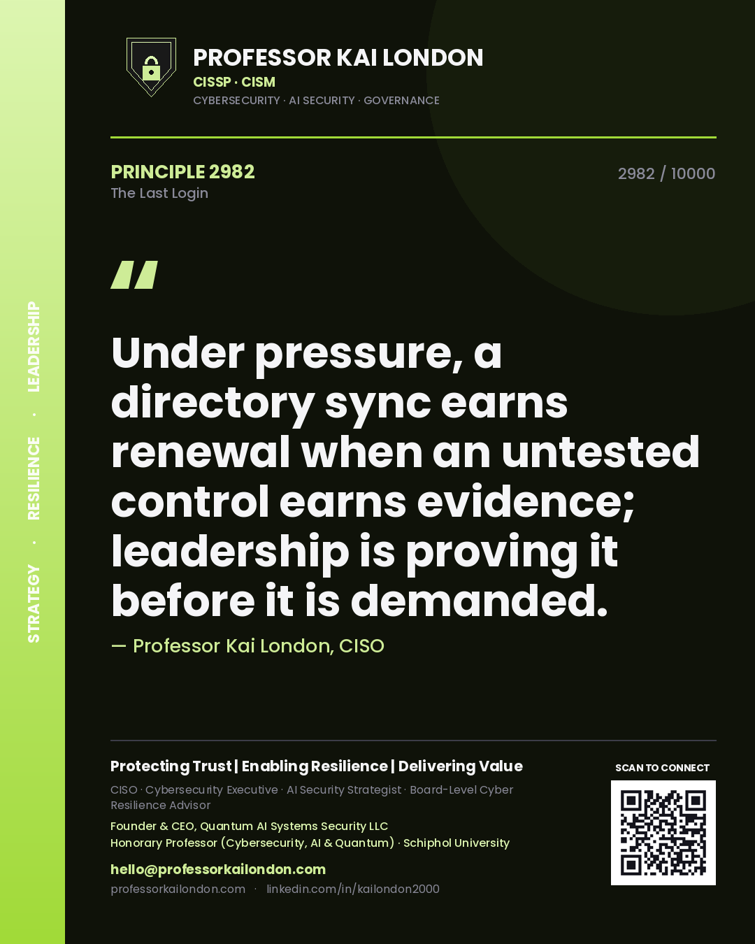 Professor Kai London principle 2982: Under pressure, a directory sync earns renewal when an untested control earns evidence; leadership is proving it before it is demanded.