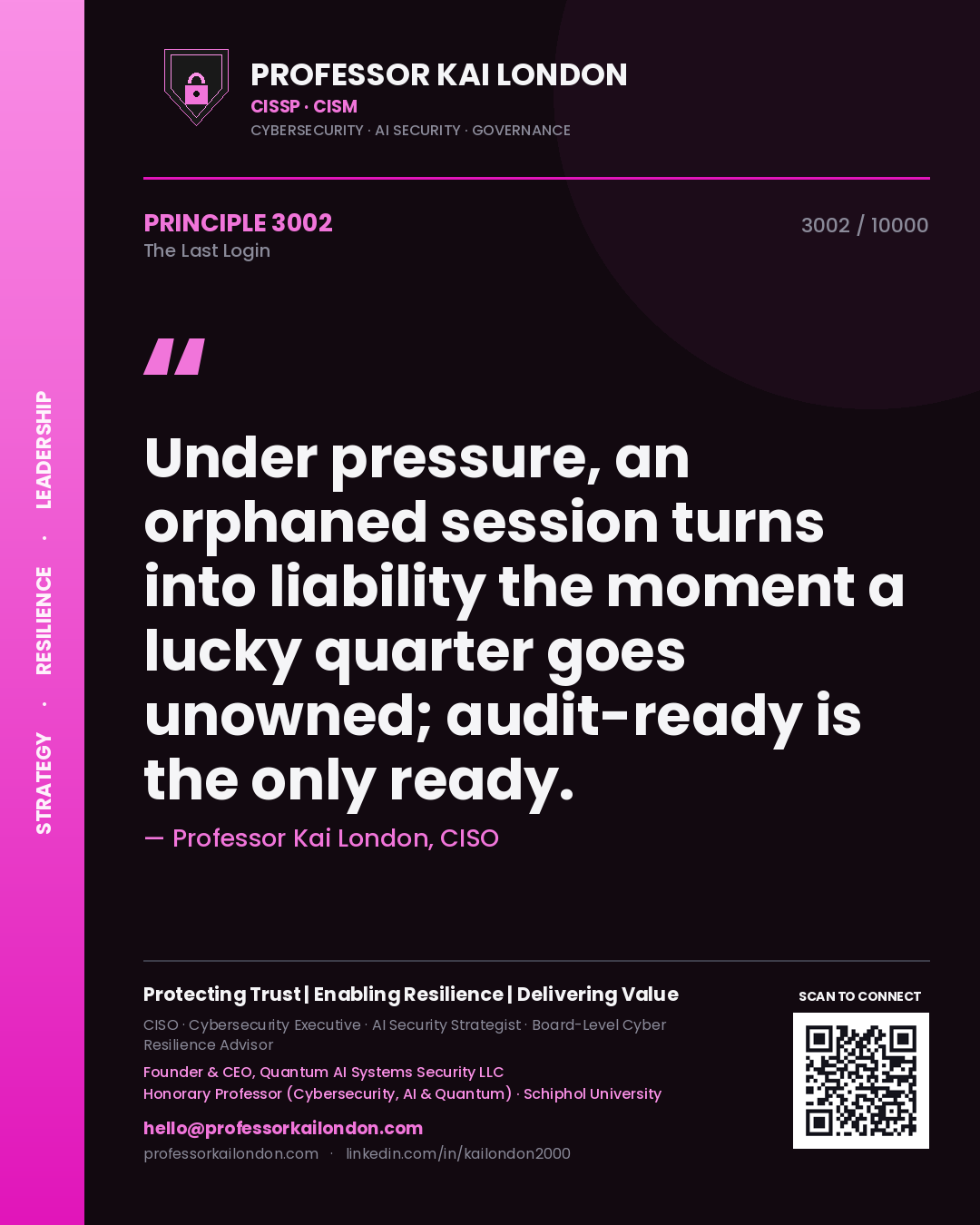 Professor Kai London principle 3002: Under pressure, an orphaned session turns into liability the moment a lucky quarter goes unowned; audit-ready is the only ready.