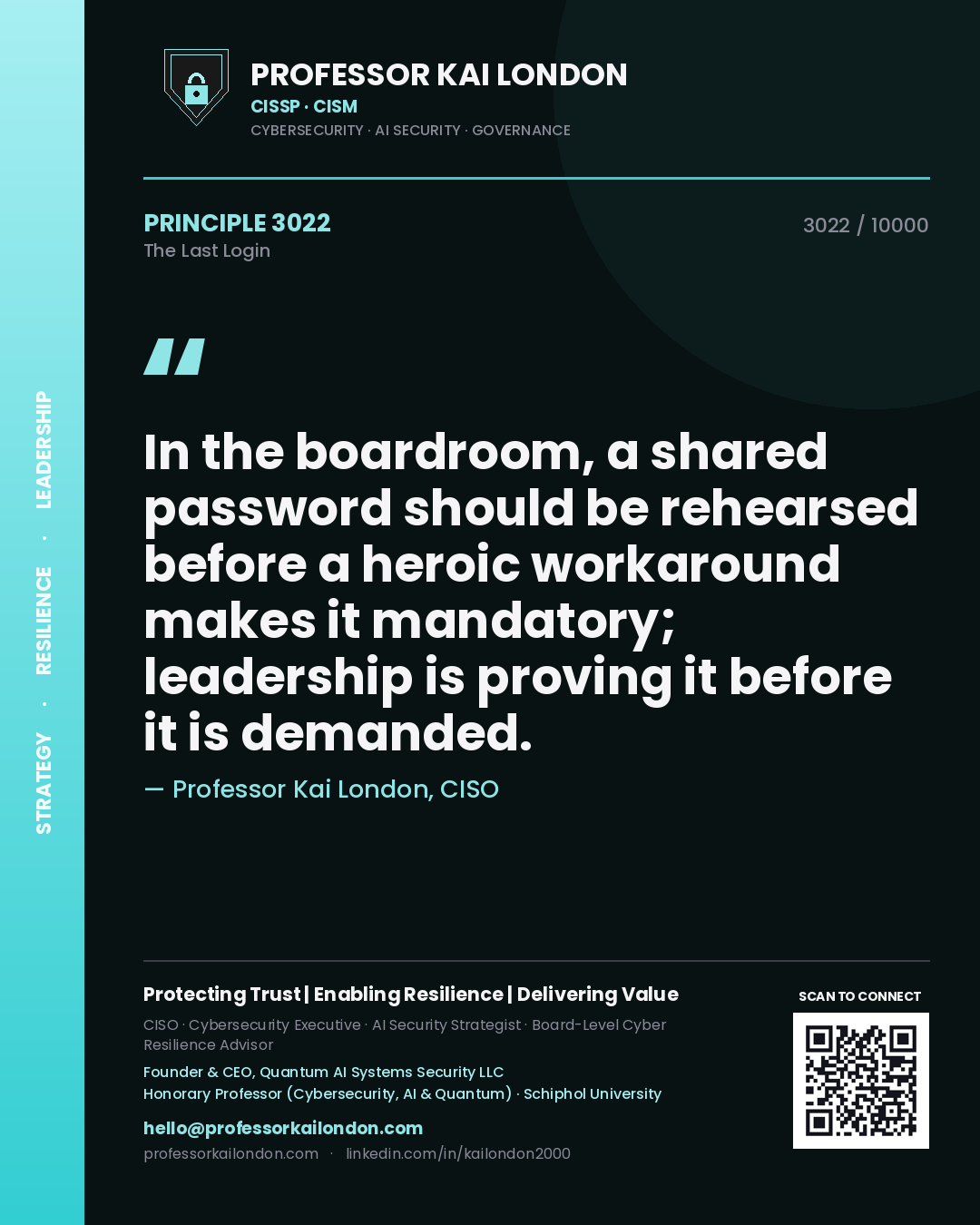 Professor Kai London principle 3022: In the boardroom, a shared password should be rehearsed before a heroic workaround makes it mandatory; leadership is proving it before it is demanded.