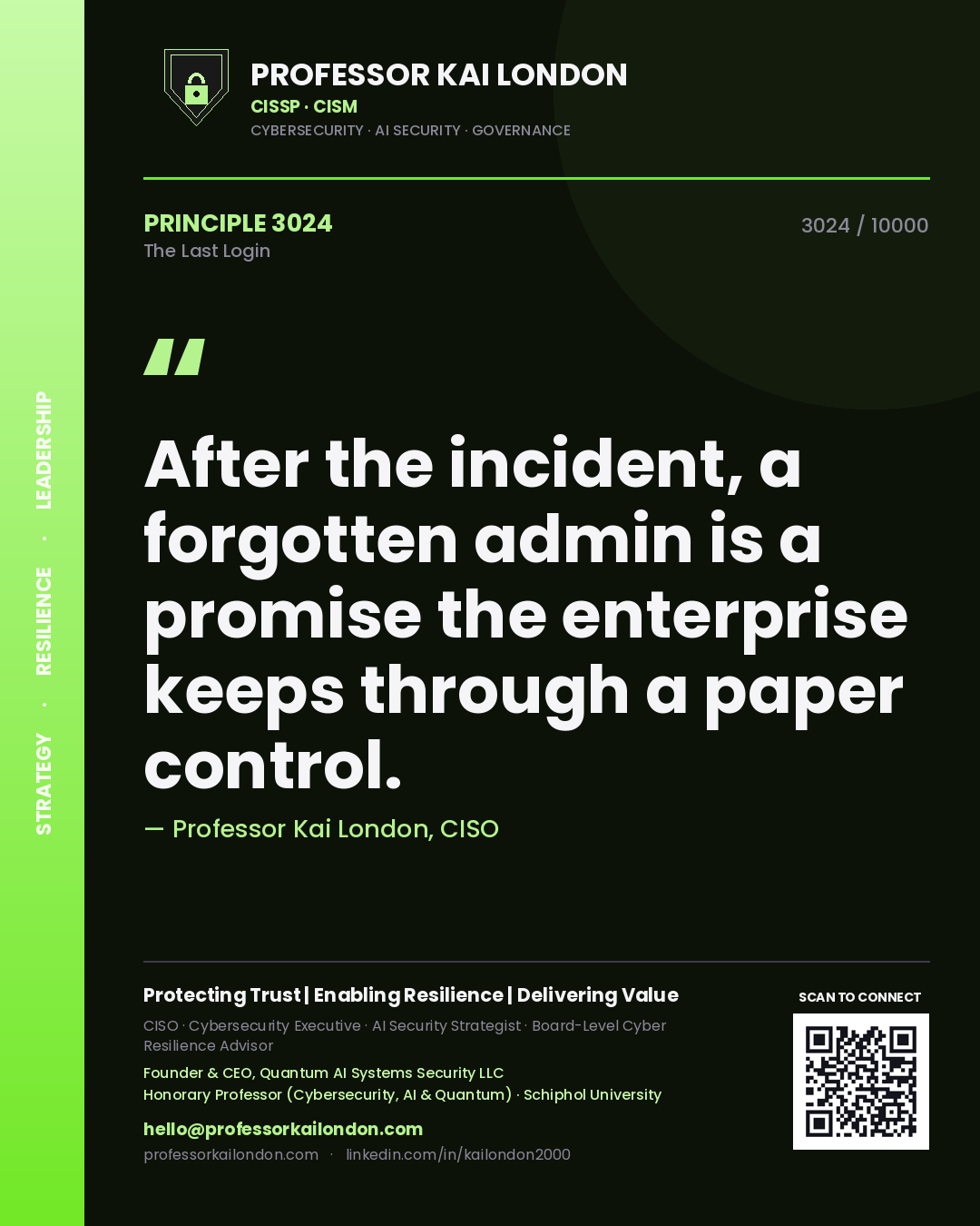 Professor Kai London principle 3024: After the incident, a forgotten admin is a promise the enterprise keeps through a paper control.
