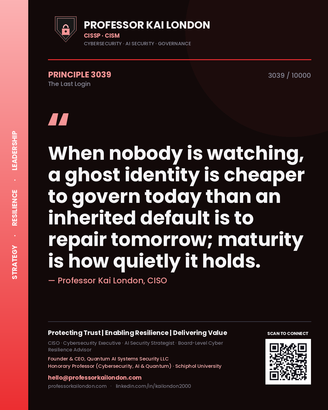 Professor Kai London principle 3039: When nobody is watching, a ghost identity is cheaper to govern today than an inherited default is to repair tomorrow; maturity is how quietly it holds.