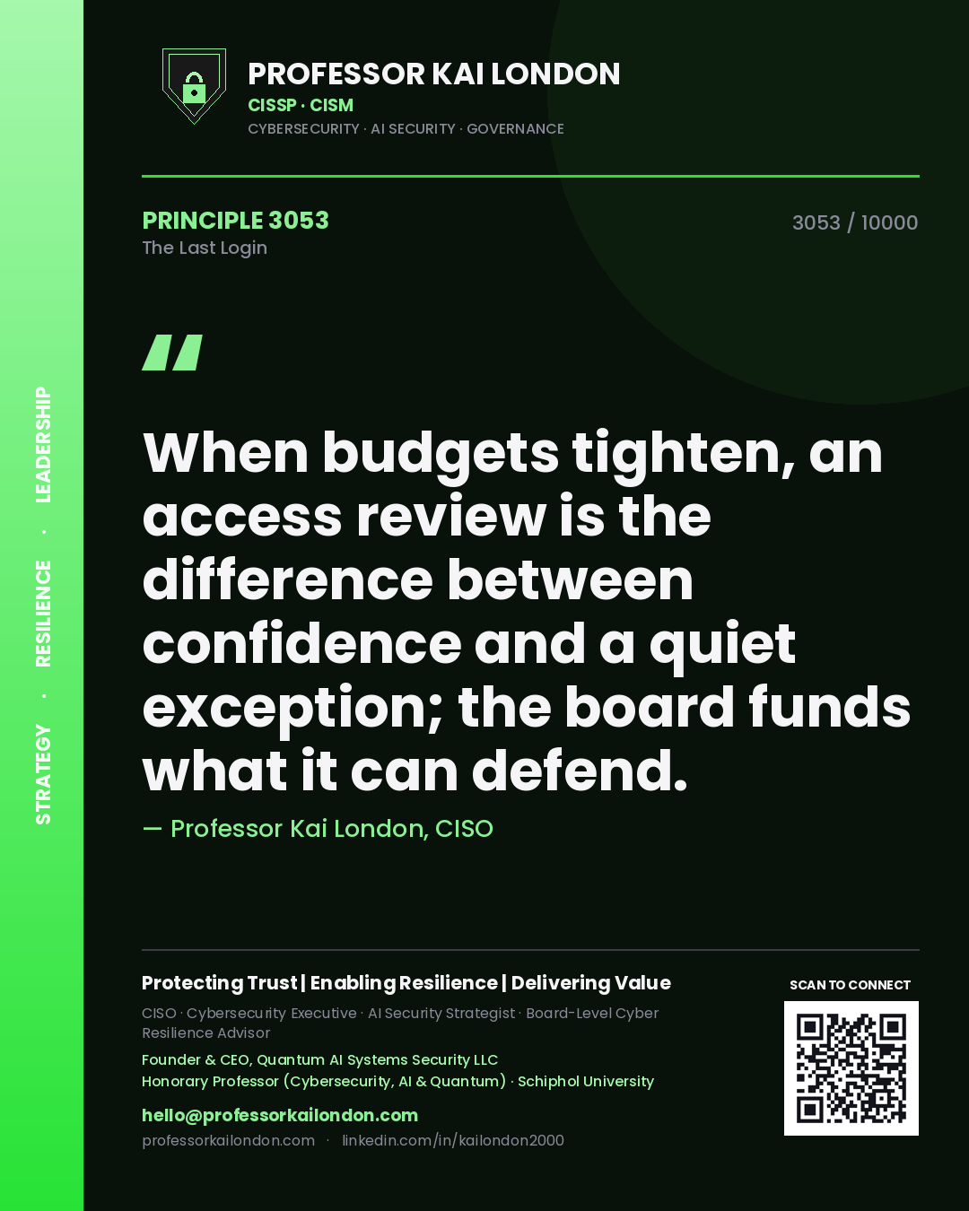 Professor Kai London principle 3053: When budgets tighten, an access review is the difference between confidence and a quiet exception; the board funds what it can defend.