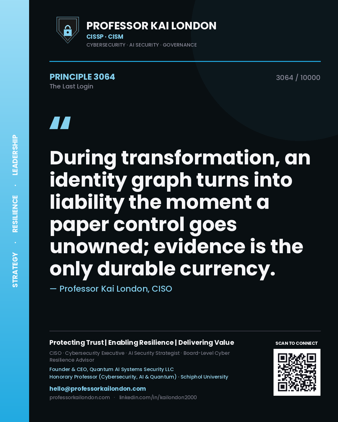 Professor Kai London principle 3064: During transformation, an identity graph turns into liability the moment a paper control goes unowned; evidence is the only durable currency.