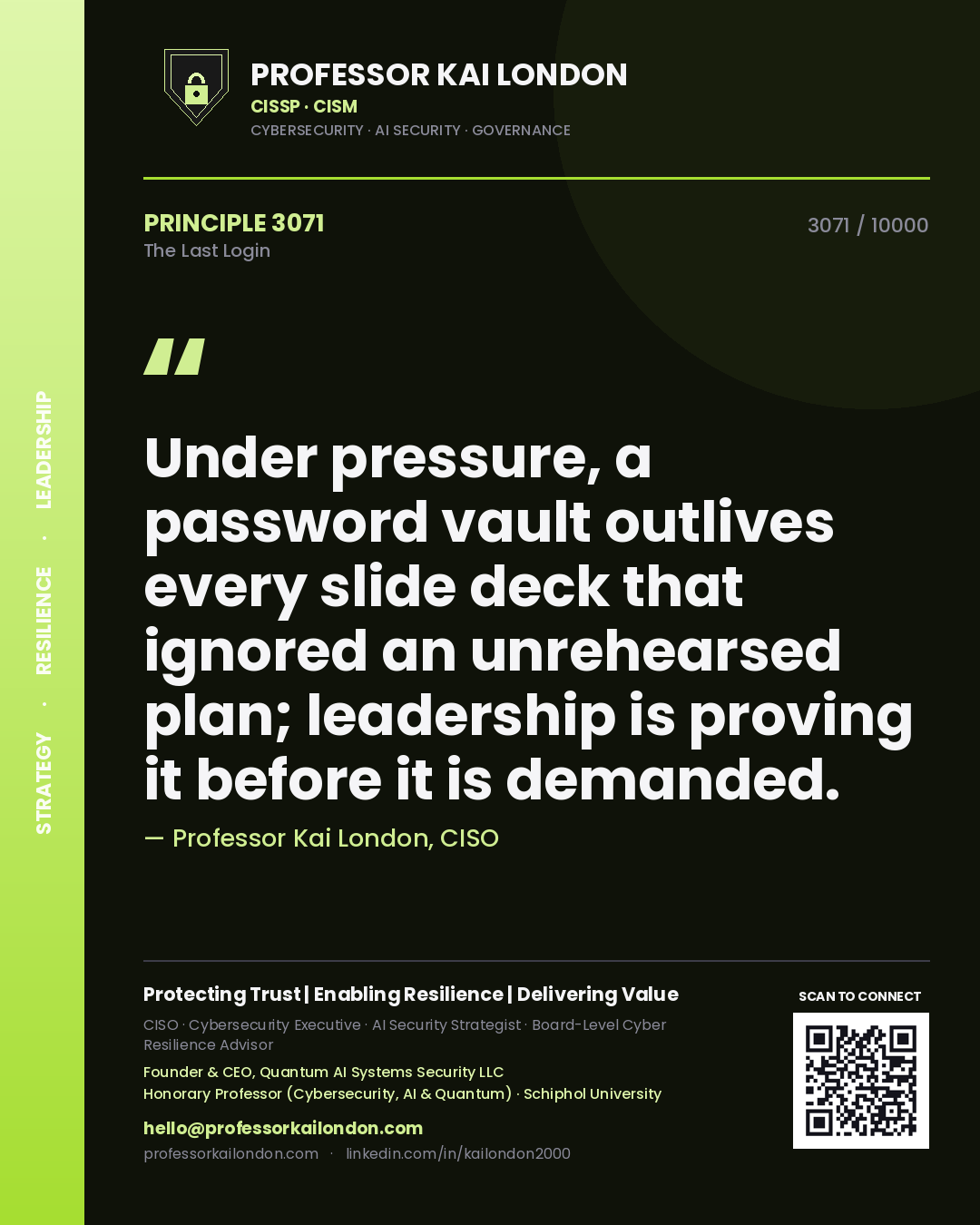 Professor Kai London principle 3071: Under pressure, a password vault outlives every slide deck that ignored an unrehearsed plan; leadership is proving it before it is demanded.