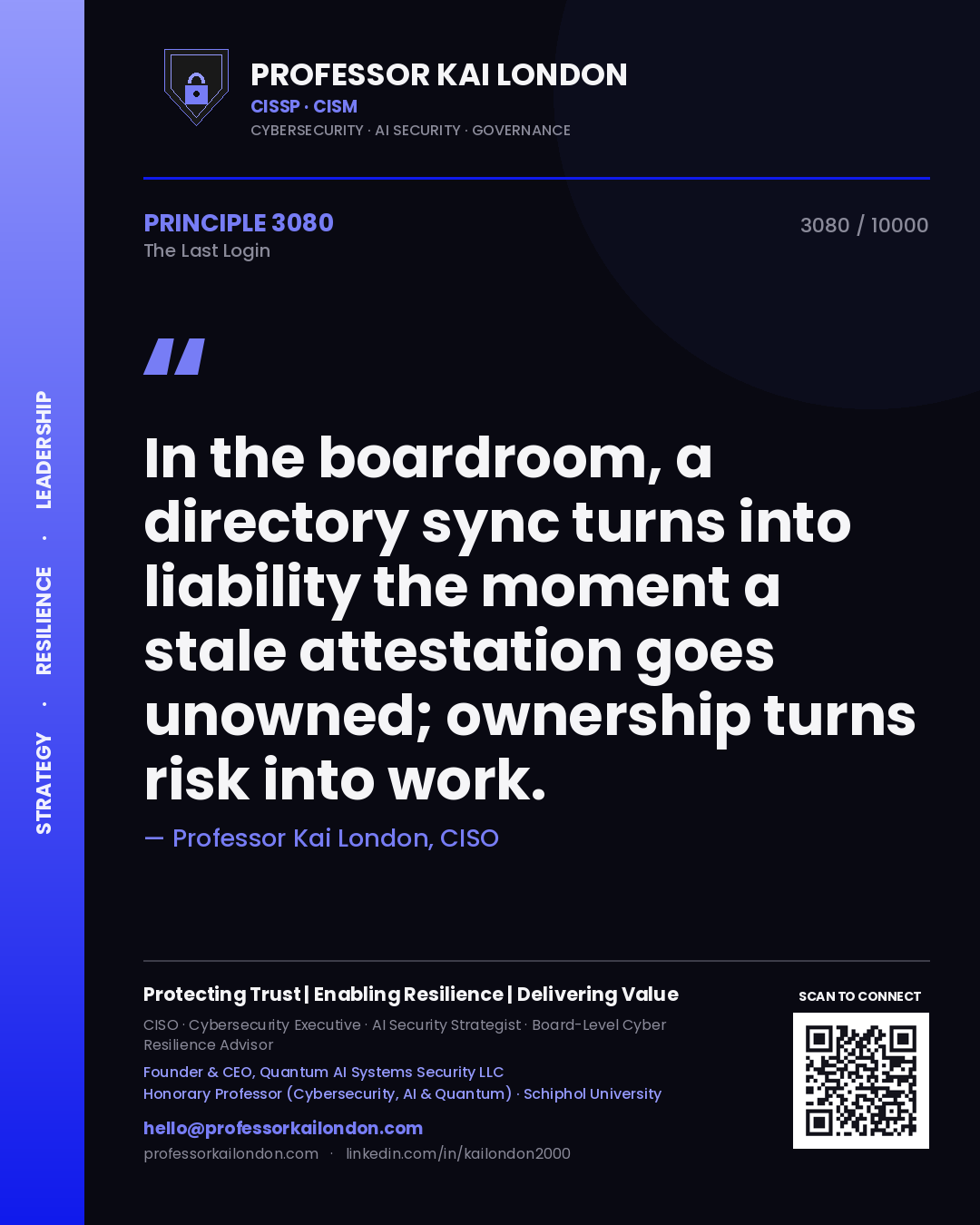 Professor Kai London principle 3080: In the boardroom, a directory sync turns into liability the moment a stale attestation goes unowned; ownership turns risk into work.