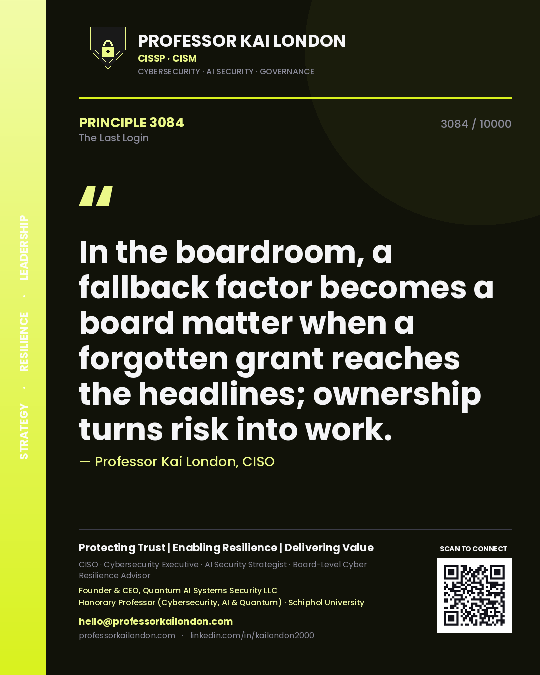 Professor Kai London principle 3084: In the boardroom, a fallback factor becomes a board matter when a forgotten grant reaches the headlines; ownership turns risk into work.