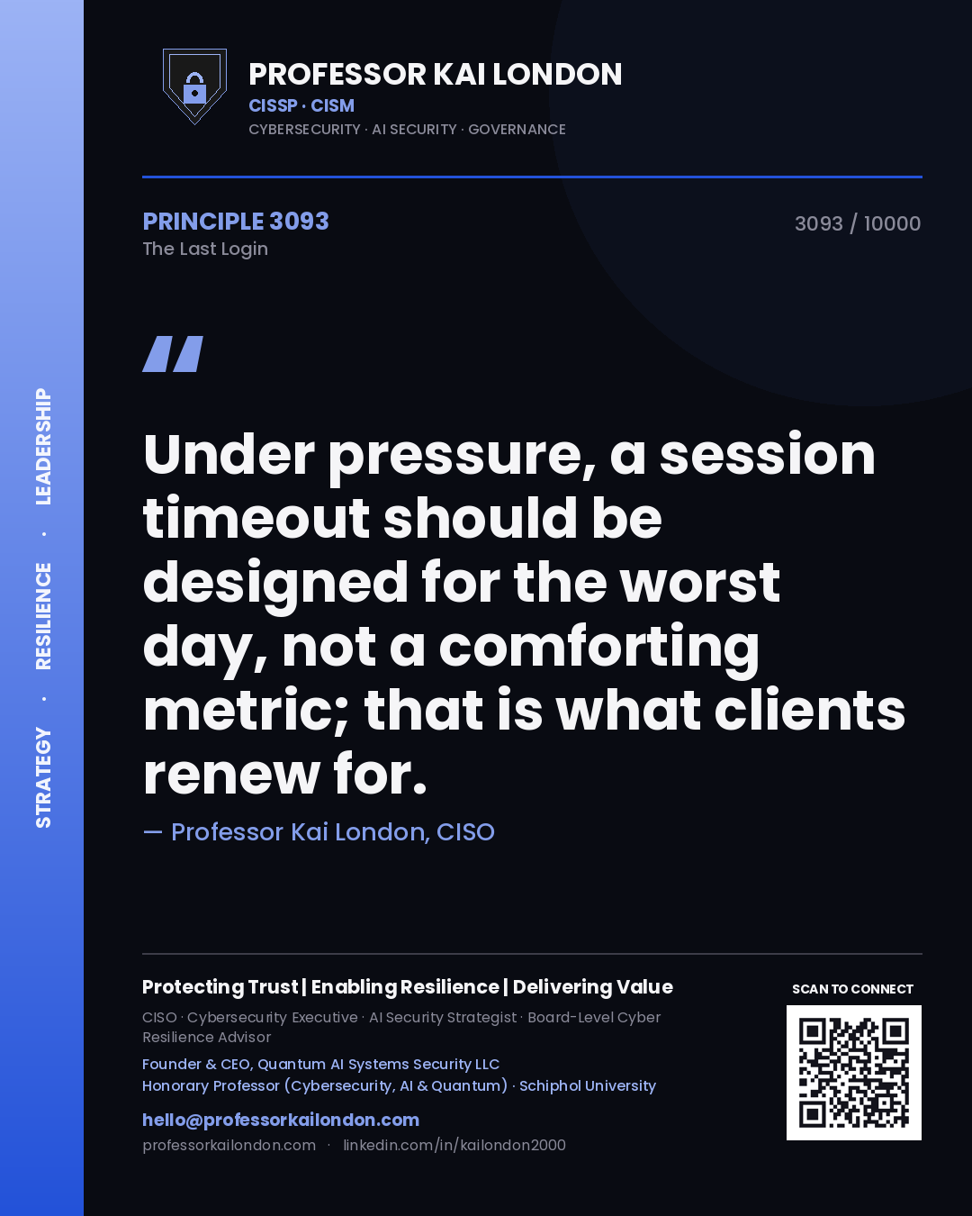 Professor Kai London principle 3093: Under pressure, a session timeout should be designed for the worst day, not a comforting metric; that is what clients renew for.