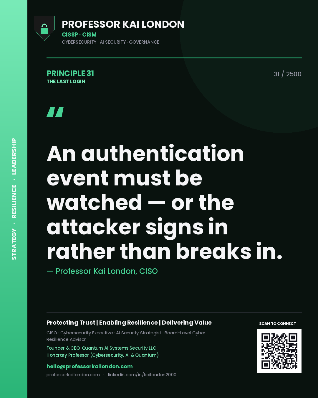 Professor Kai London principle 31: An authentication event must be watched — or the attacker signs in rather than breaks in.