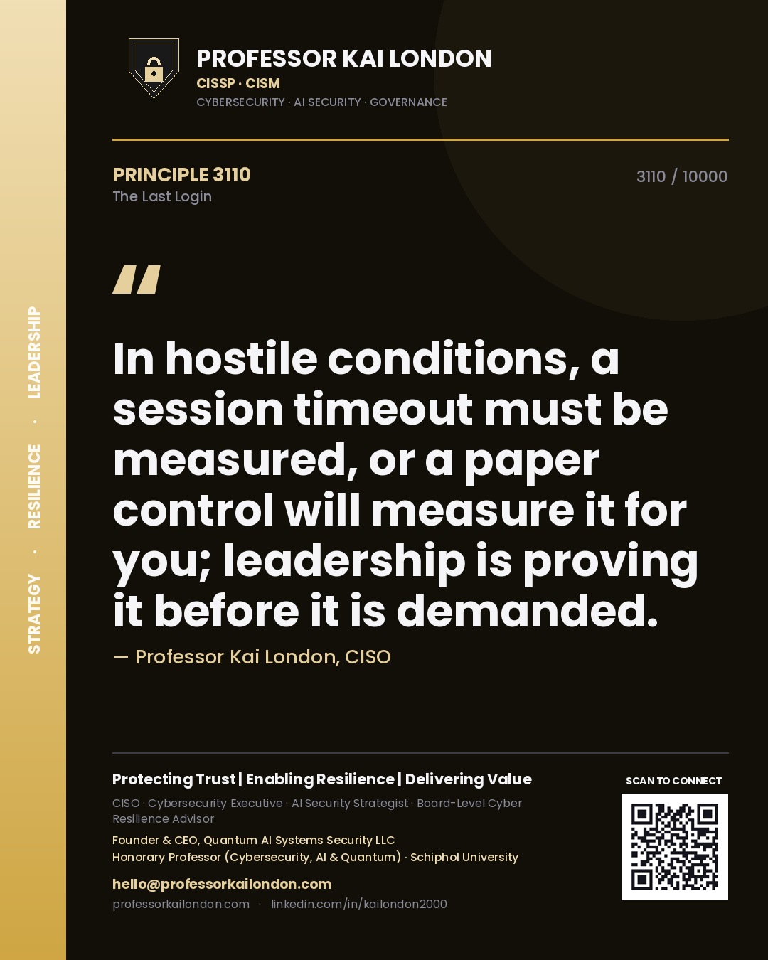 Professor Kai London principle 3110: In hostile conditions, a session timeout must be measured, or a paper control will measure it for you; leadership is proving it before it is demanded.