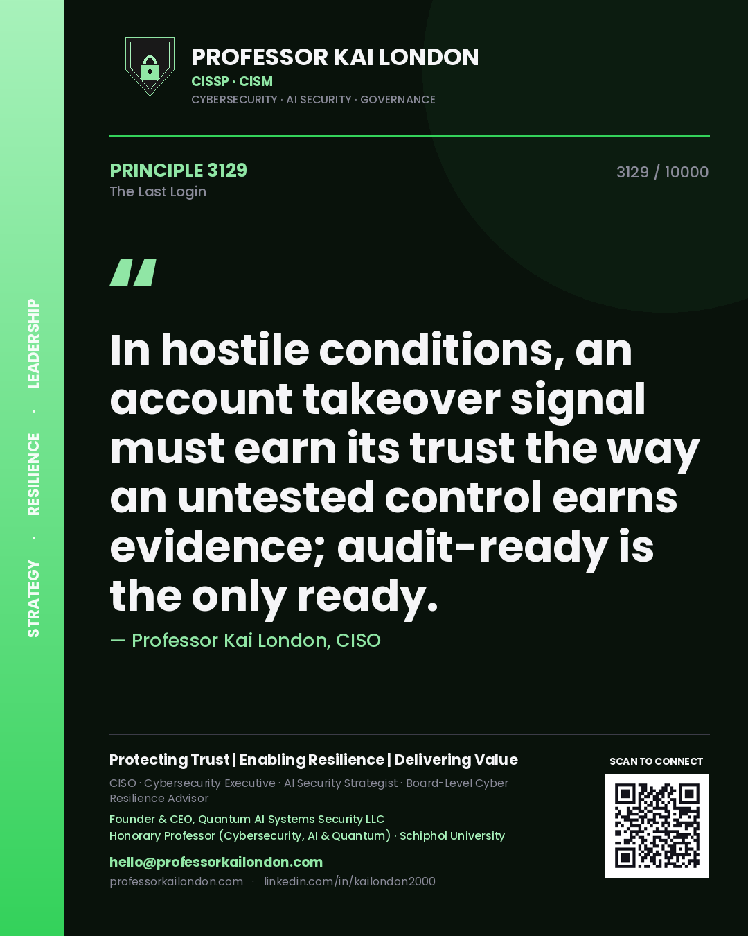 Professor Kai London principle 3129: In hostile conditions, an account takeover signal must earn its trust the way an untested control earns evidence; audit-ready is the only ready.