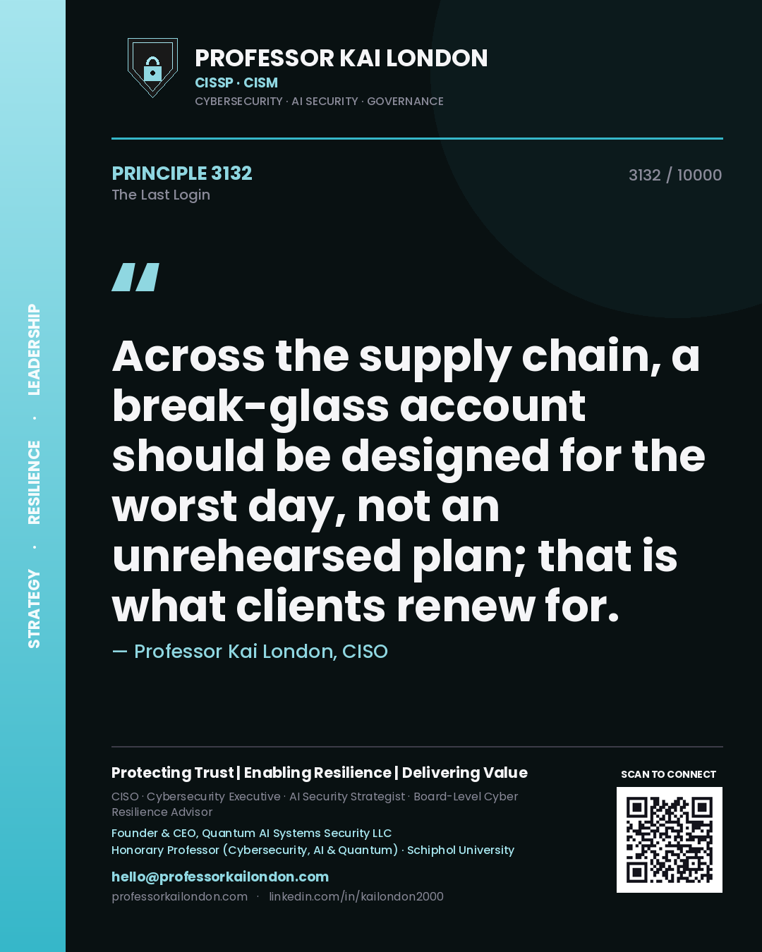 Professor Kai London principle 3132: Across the supply chain, a break-glass account should be designed for the worst day, not an unrehearsed plan; that is what clients renew for.