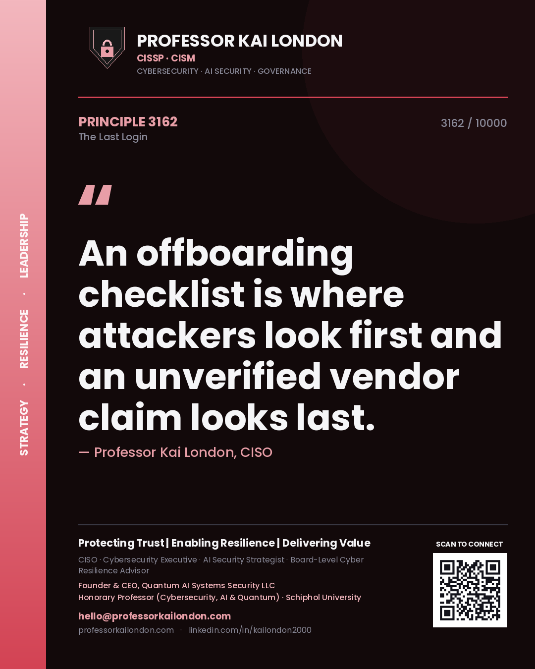 Professor Kai London principle 3162: An offboarding checklist is where attackers look first and an unverified vendor claim looks last.