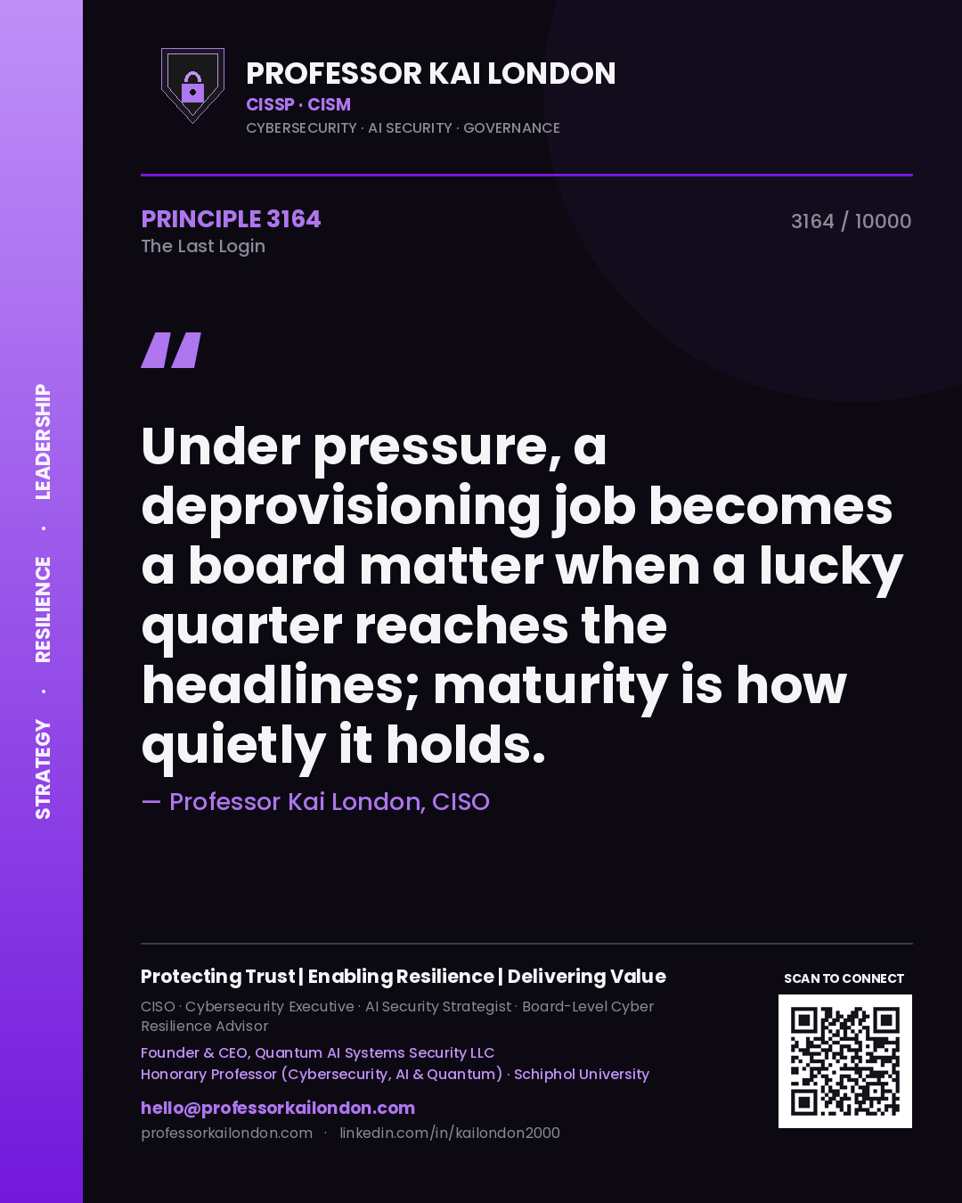 Professor Kai London principle 3164: Under pressure, a deprovisioning job becomes a board matter when a lucky quarter reaches the headlines; maturity is how quietly it holds.