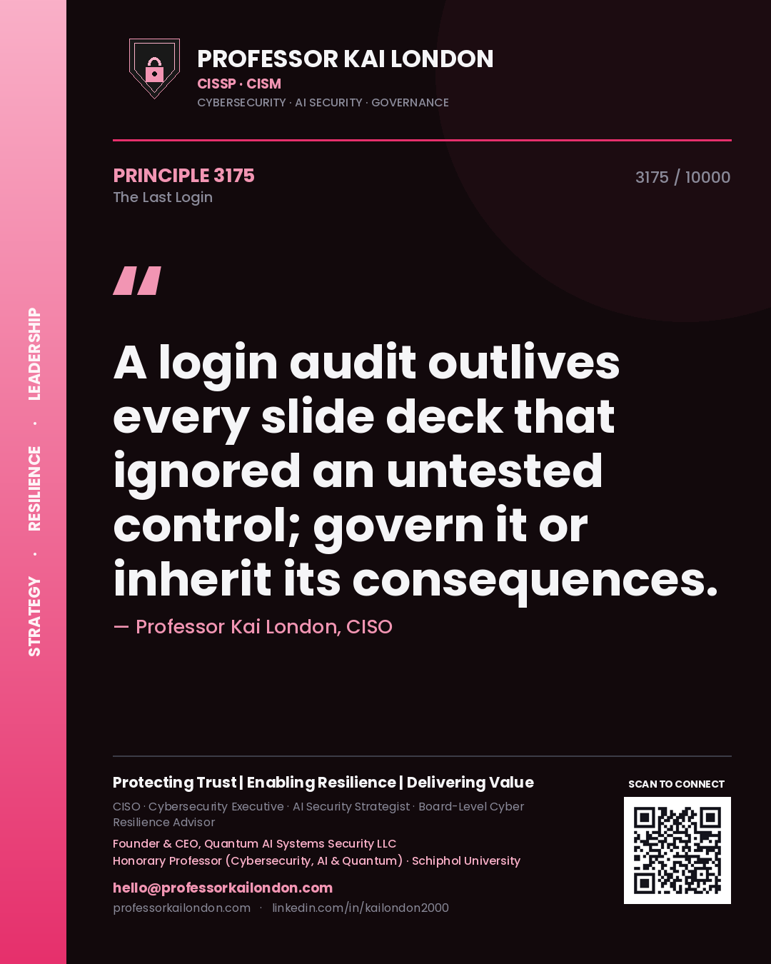Professor Kai London principle 3175: A login audit outlives every slide deck that ignored an untested control; govern it or inherit its consequences.