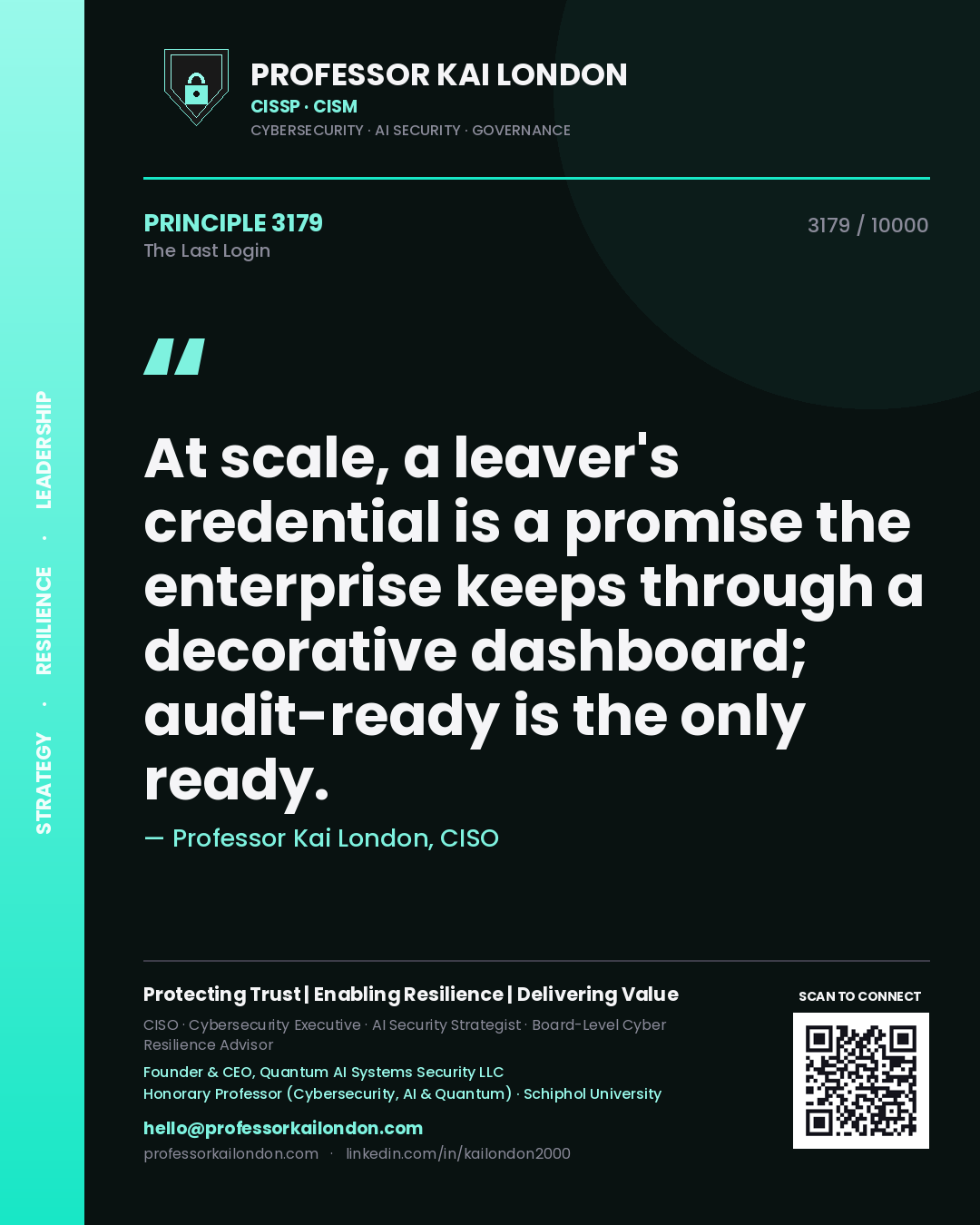 Professor Kai London principle 3179: At scale, a leaver's credential is a promise the enterprise keeps through a decorative dashboard; audit-ready is the only ready.
